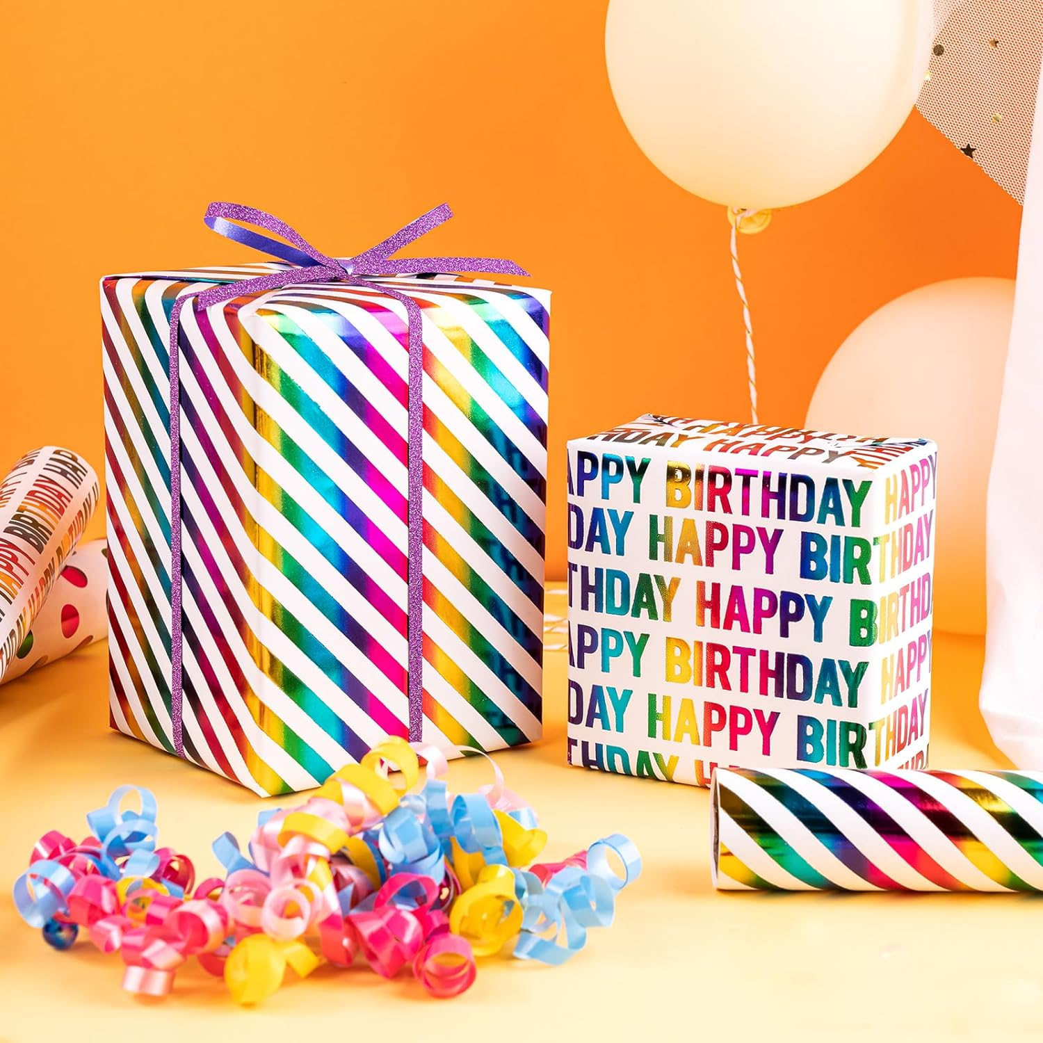 WRAPAHOLIC Birthday Wrapping Paper Roll - Mini Roll - 3 Rolls - 17 Inch X 120 Inch per Roll - Colorful Foil Birthday Design for Party, Holiday, Baby Shower