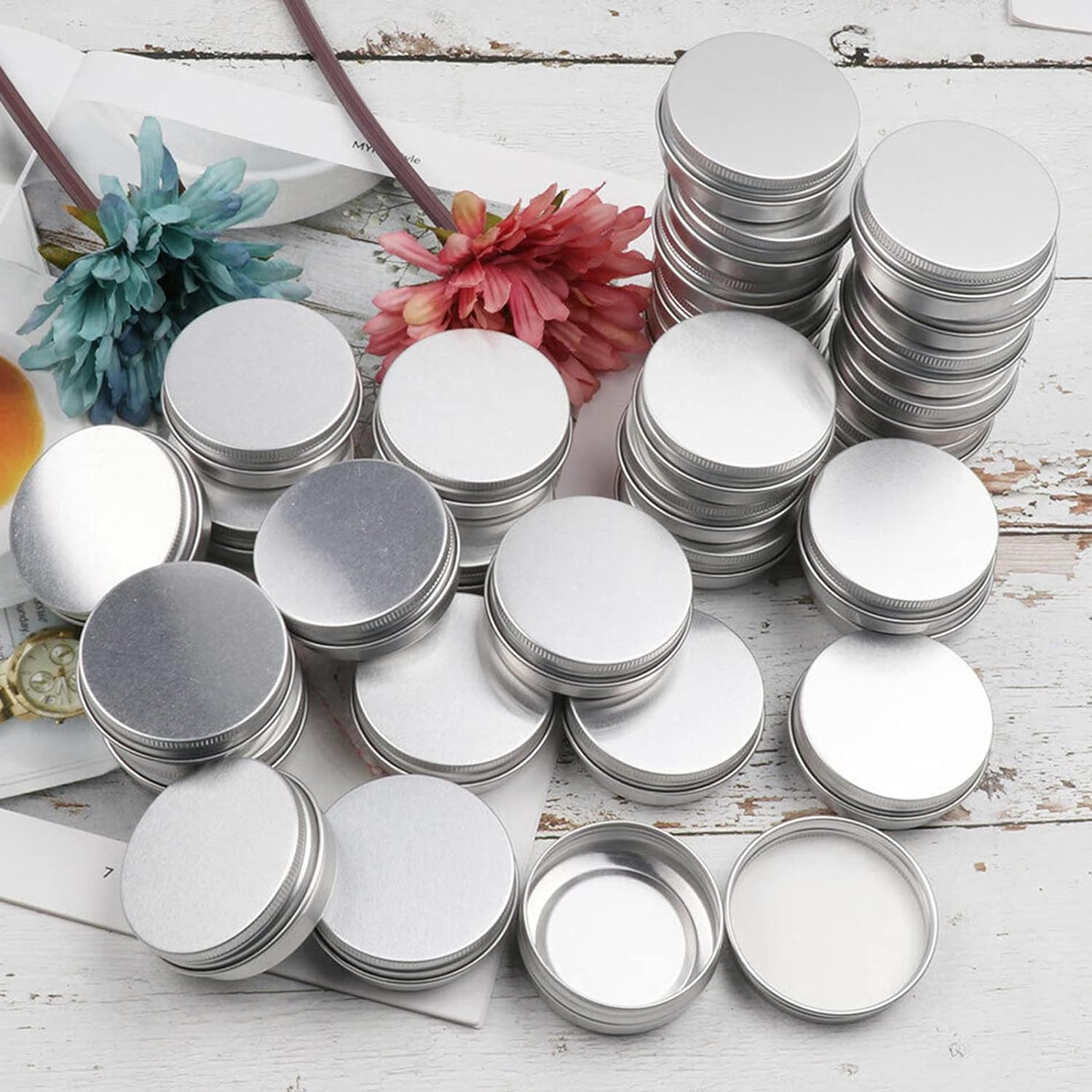 Acbbmns 10 Pack 30Ml Aluminum Tin Jar Refillable Containers round Empty Tins with Screw Lid, Silver Cosmetic Sample Jars Storage Containers for Lip Balm, Salve, Eye Shadow, Spices image number 2