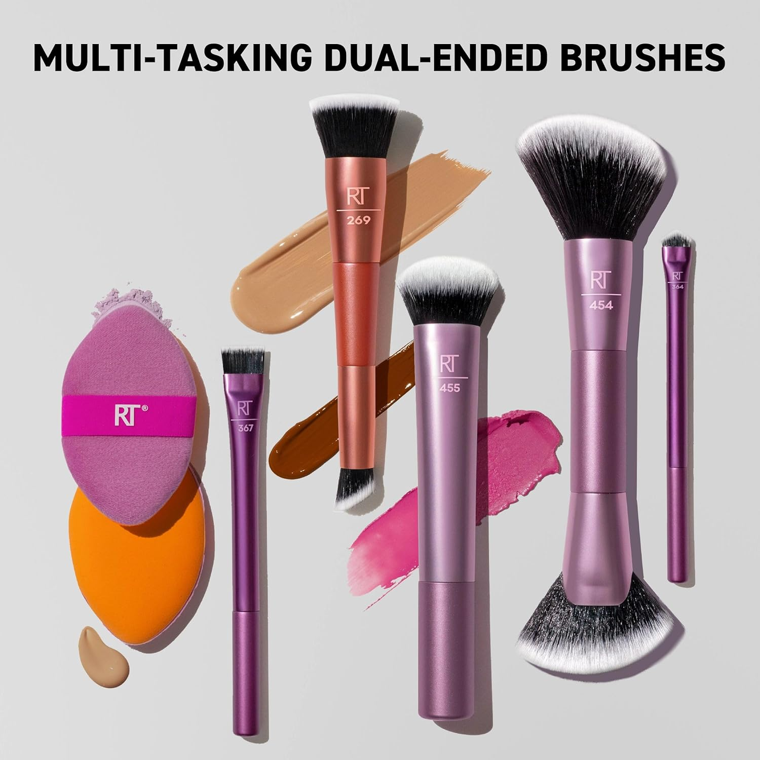 Real Techniques Big Blends Energy Brush + Dual-Sided Puff, 6 Piece Kit for Powder, Cream & Liquid Application, Precision Tools for Contour, Blending & Finishing, Vegan & Cruelty-Free
