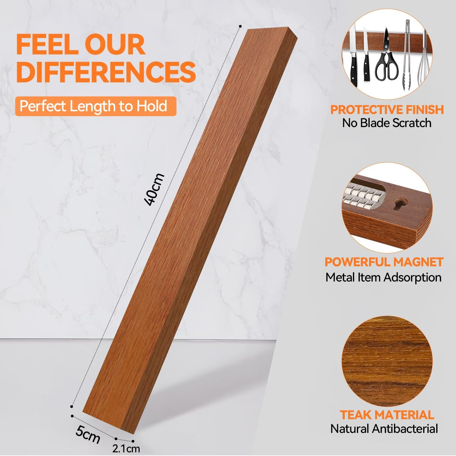 Teak Magnetic Knife with Extra Strong Magnet - 40 Cm, Magnetic Knife Holder Kitchen Knives, Wall Mounted Knife Strip Bar Rack for Home Kitchen Utensil Tool Organizer image number 5