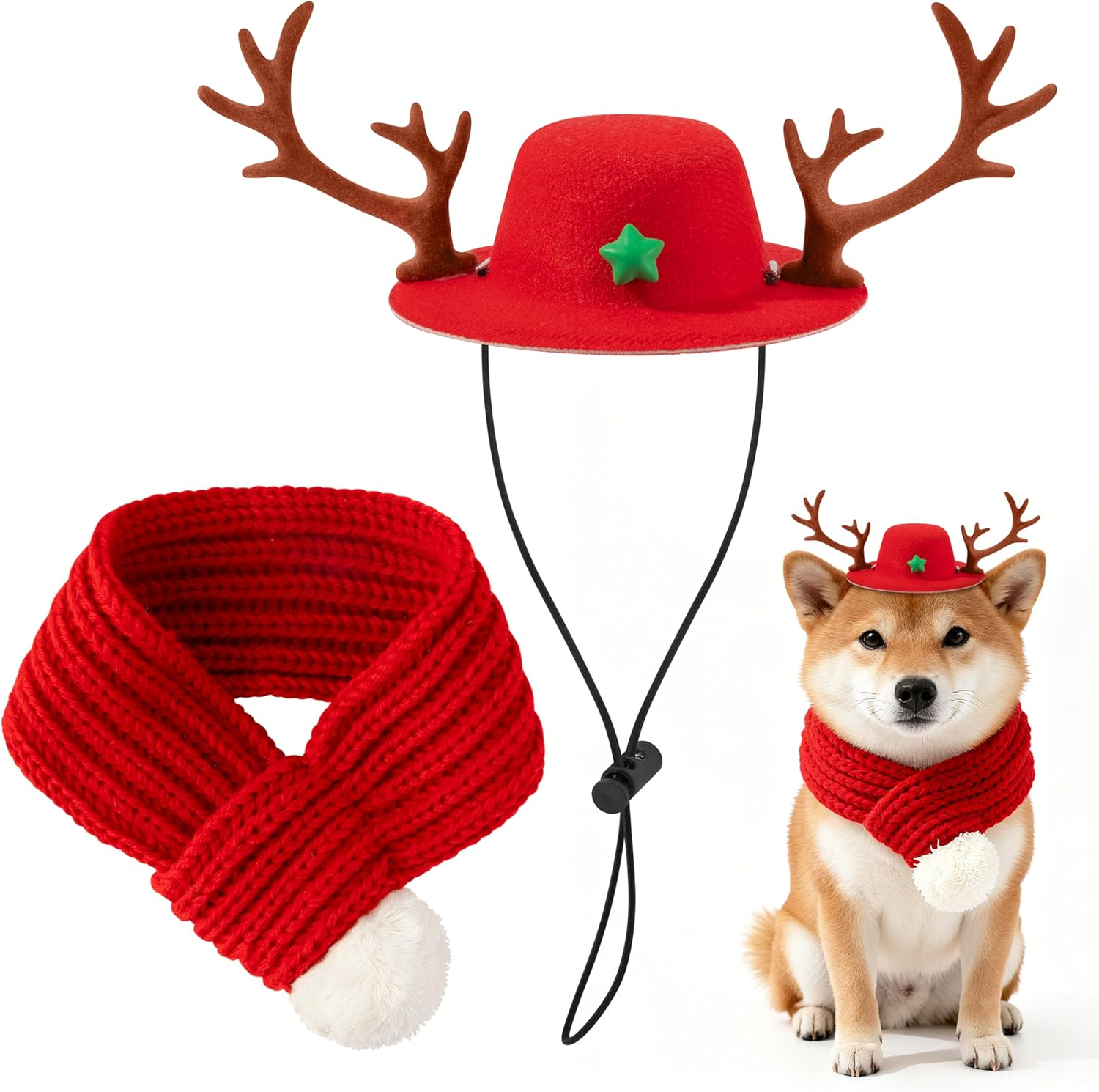 Gwaoery Dog Christmas Costumes, Pet Reindeer Hat and Scarf Christmas Outfit Small Dogs Cats Clothes Puppy New Year Party Supplies Adjustable Headdress Apparel for Winter Warm Holiday (Red M) image number 3