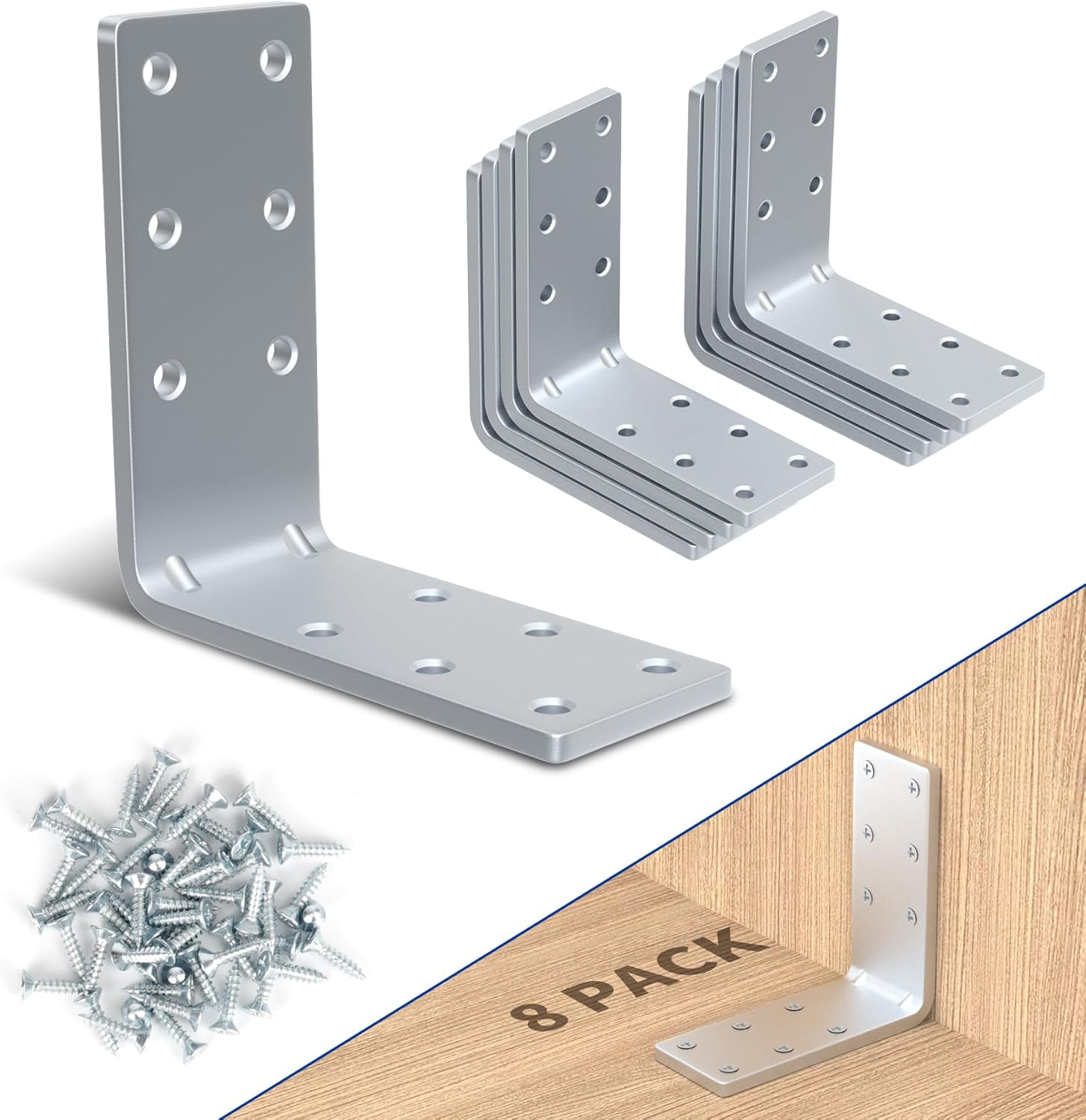 Wintcomfort 8 Pcs Metal Corner Shelf Bracket, 3.2" X 3.2" X 1.2" Thicken 11-Ga Heavy Duty Galvanized Corner Brace, 90 Degree L Bracket, Large Metal Corner Brace for Frame, Fence, Wood, Furniture image number 3