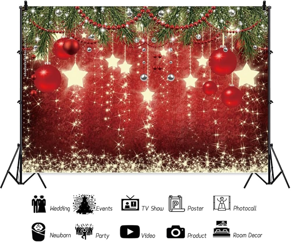 Christmas Backdrops Red Ball Shining Stars Theme Background New Year Backdrop Christmas Party Decoration Banner Children Birthday Party Newborn Party Photo Booth Props 8X6Ft image number 3