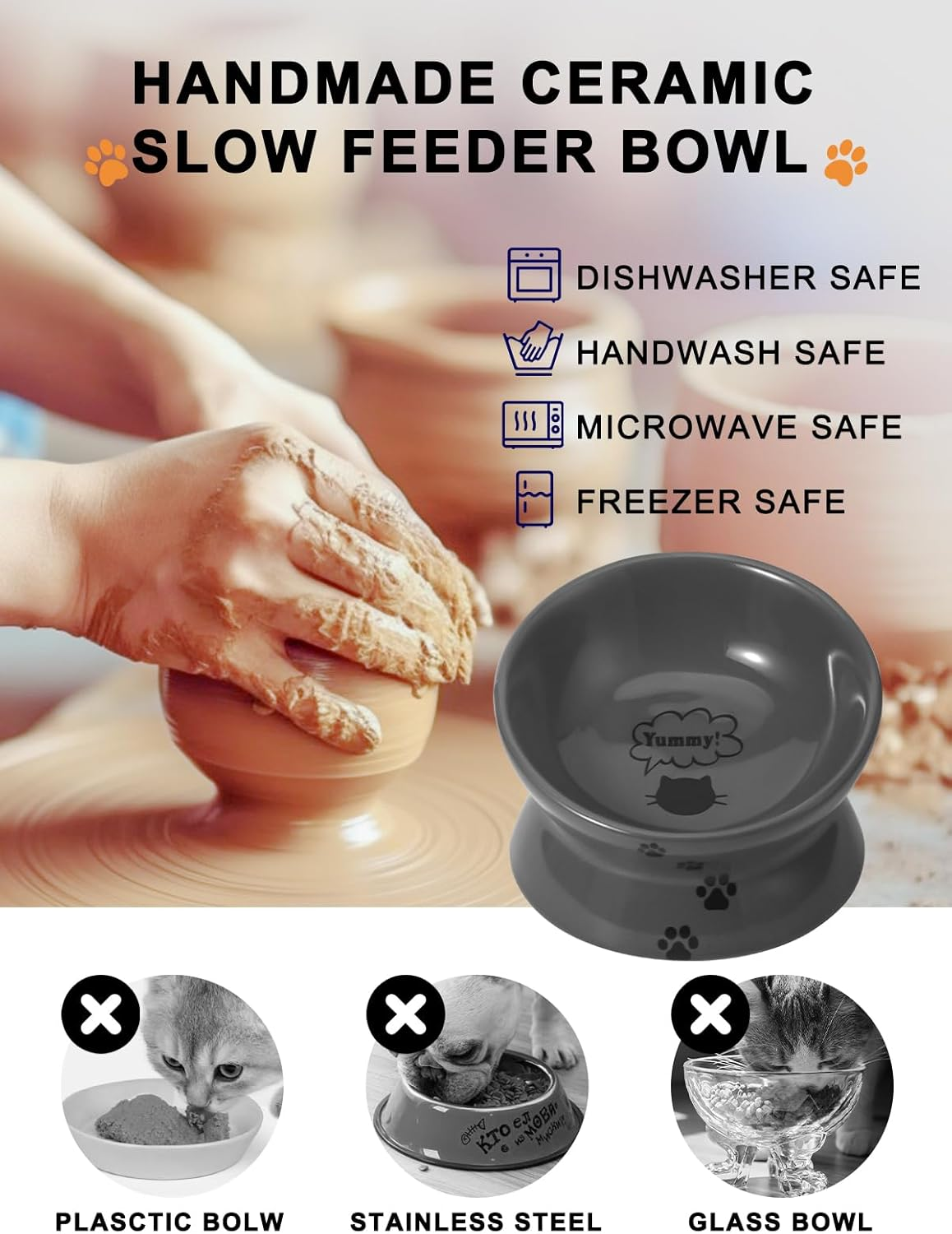 Y YHY Raised Cat Food Bowl, Ceramic Elevated Cat Bowl, Title Angle Protect Cat'S Spine, anti Vomiting Cat Dish, Backflow Prevention, Grey