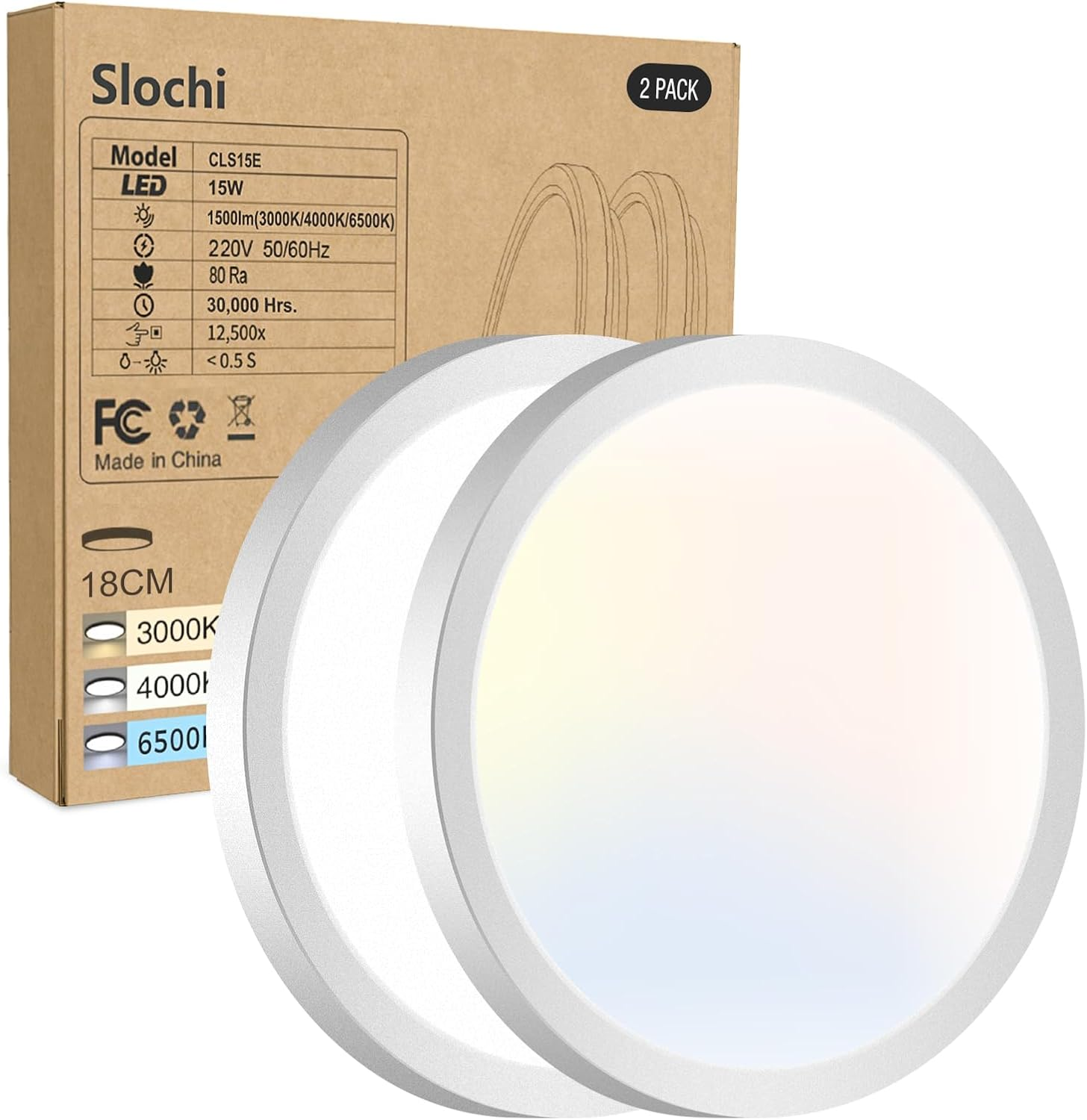 Slochi LED Ceiling Light, 3000K 4000K 6500K 3 Colours Ceiling Light, 15 W 1500 LM, Modern, Round, IP44 Waterproof Bathroom Ceiling Light for Kitchen, Bedroom, Hallway, Garage, Balcony, Black