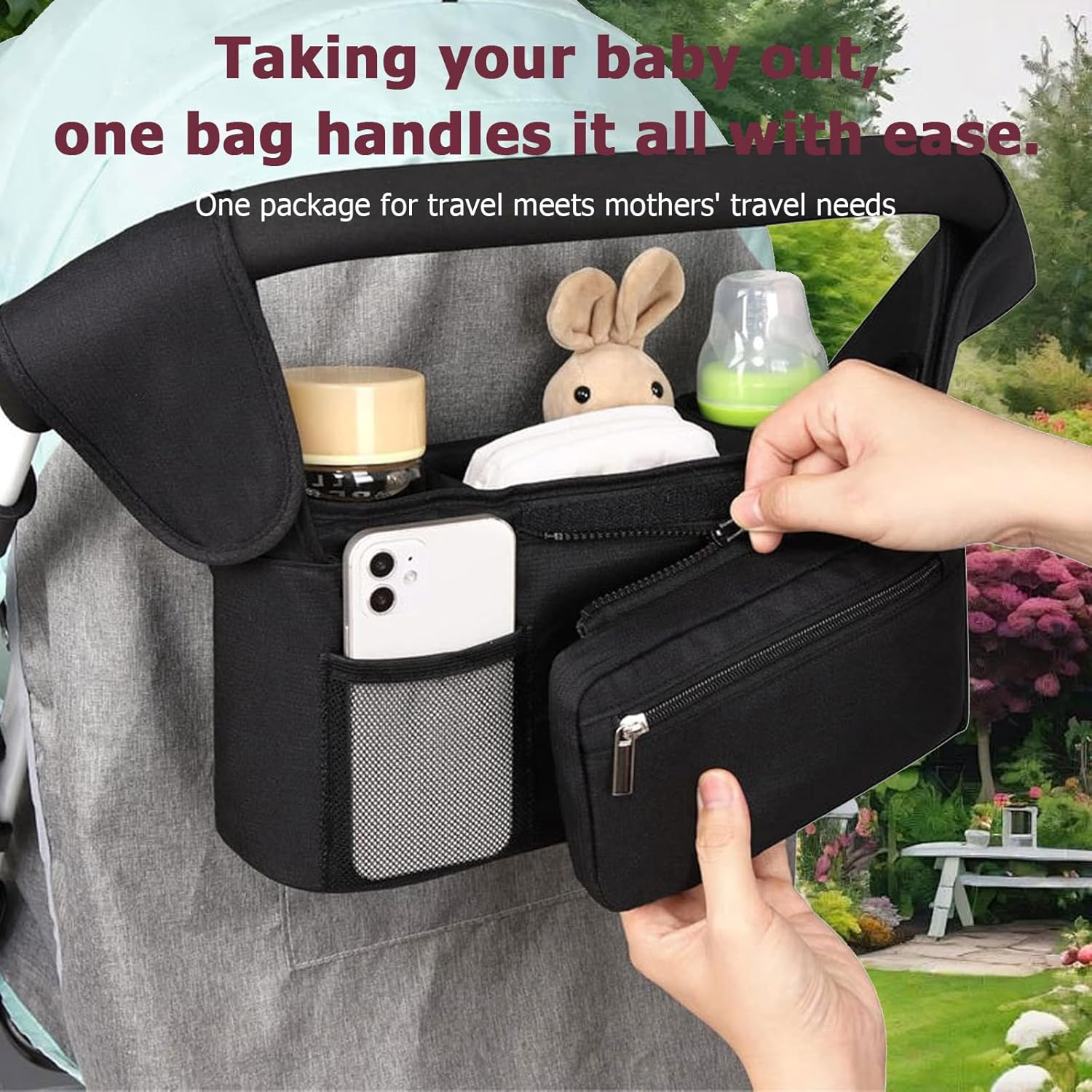 Universal Stroller Organizer with Cup Holder Detachable Phone Bag and Shoulder Strap, Stroller Bag Caddy Organizer Accessories for Uppababy, Baby Jogger, Britax Strollers