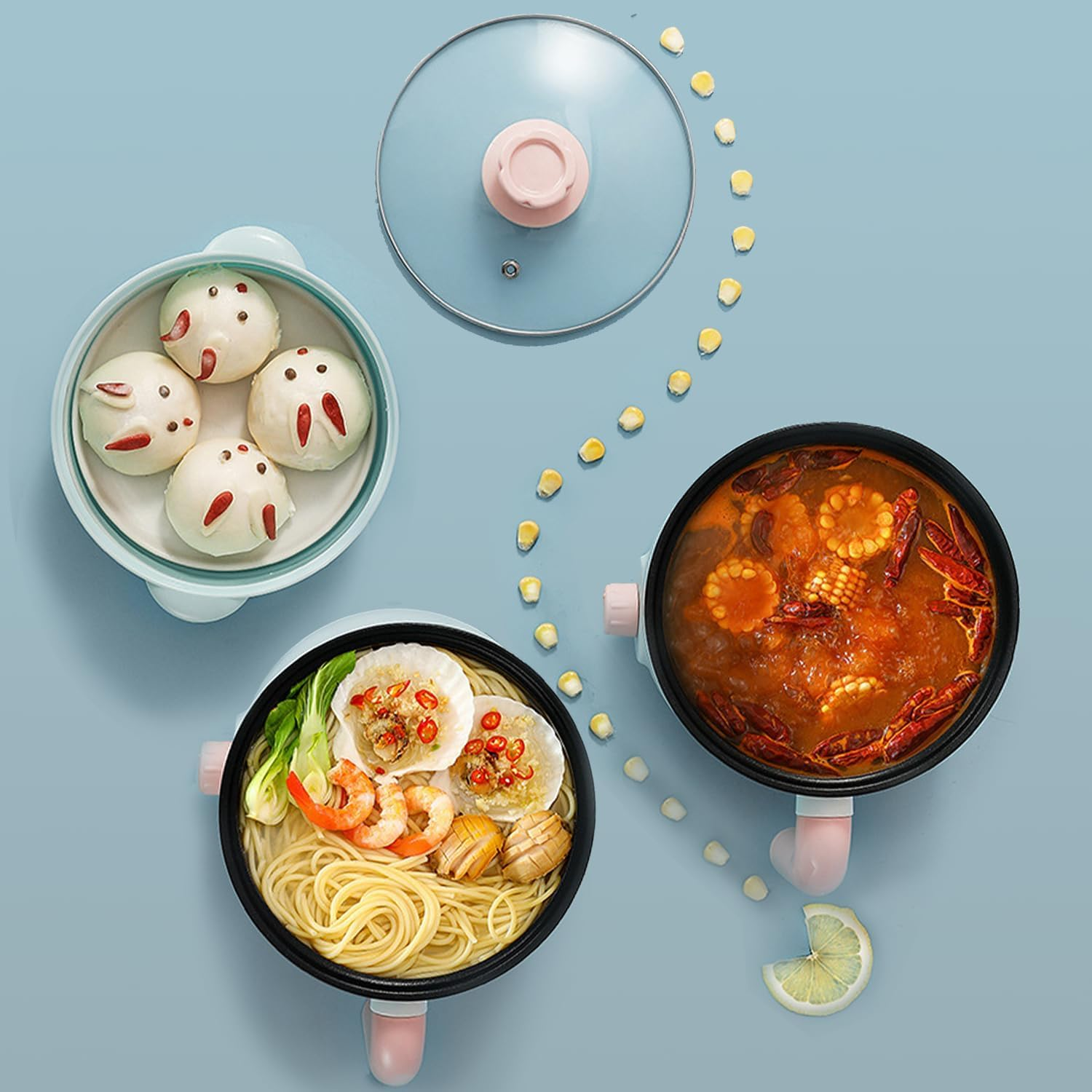 Electric Hot Pot, 1.5L Mini Multifunction Electric Cooker for Shabu-Shabu, Stir Fry, Noodles, Pasta, Nonstick Frying Pan for Saut&eacute;, Dual Power Control Ramen Cooker for Dorm and Office image number 2