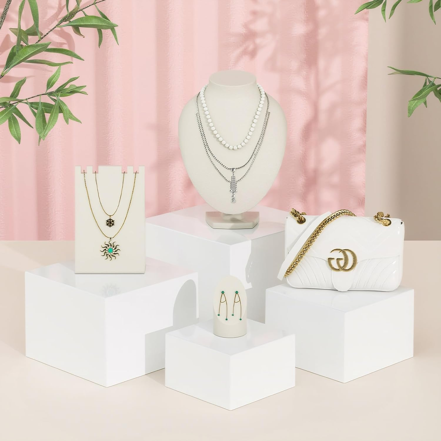 White Acrylic Display Risers Set of 6, Square Pedestal Stand for Perfume, Cake, Jewelry, Table Decor or Retail Showcase image number 5