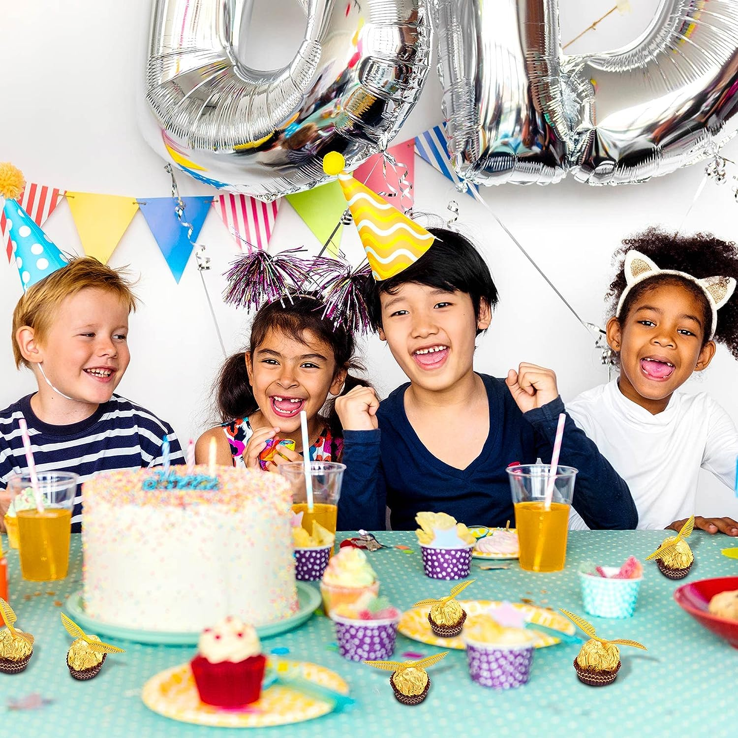 OIIKI 100PCS Wizard Party Chocolate Decoration Golden Hollowed Wings, Gold Angle Wings Candy Decor with Dot Tape DIY Party Crafts Supplies for Cake Birthday Christmas Cupcake