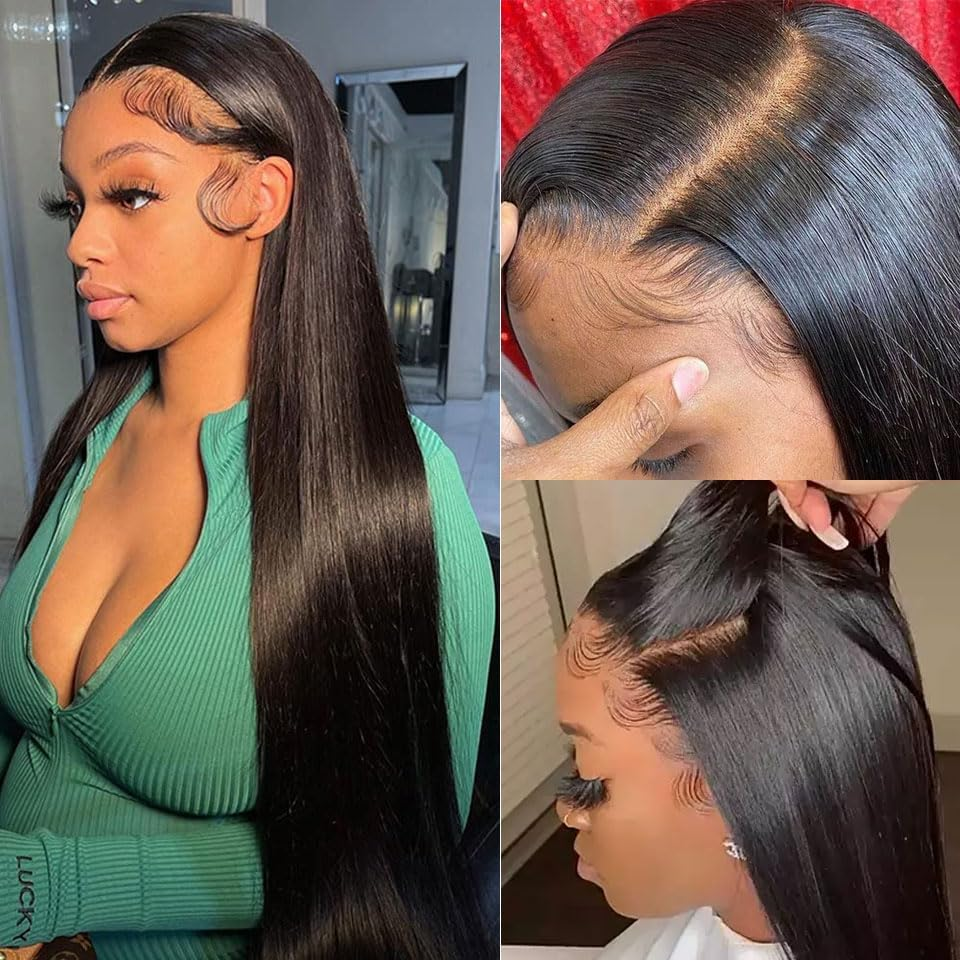 26 Inch Straight Human Hair Wigs, 13 X 4 Human Hair Lace Front Wigs, Pre Plucked, Glueless Wigs, Human Hair with Baby Hair, Natural Black, 180 Density image number 2