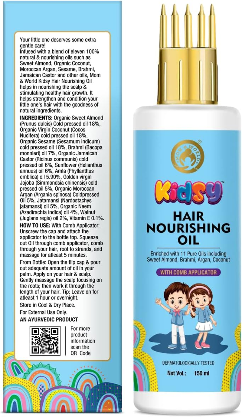Mom & World Kidsy Hair Nourishing Oil with Comb Applicator for Kids, Dermatologically Tested, Enriched with 11 Pure Oils, 150Ml,1