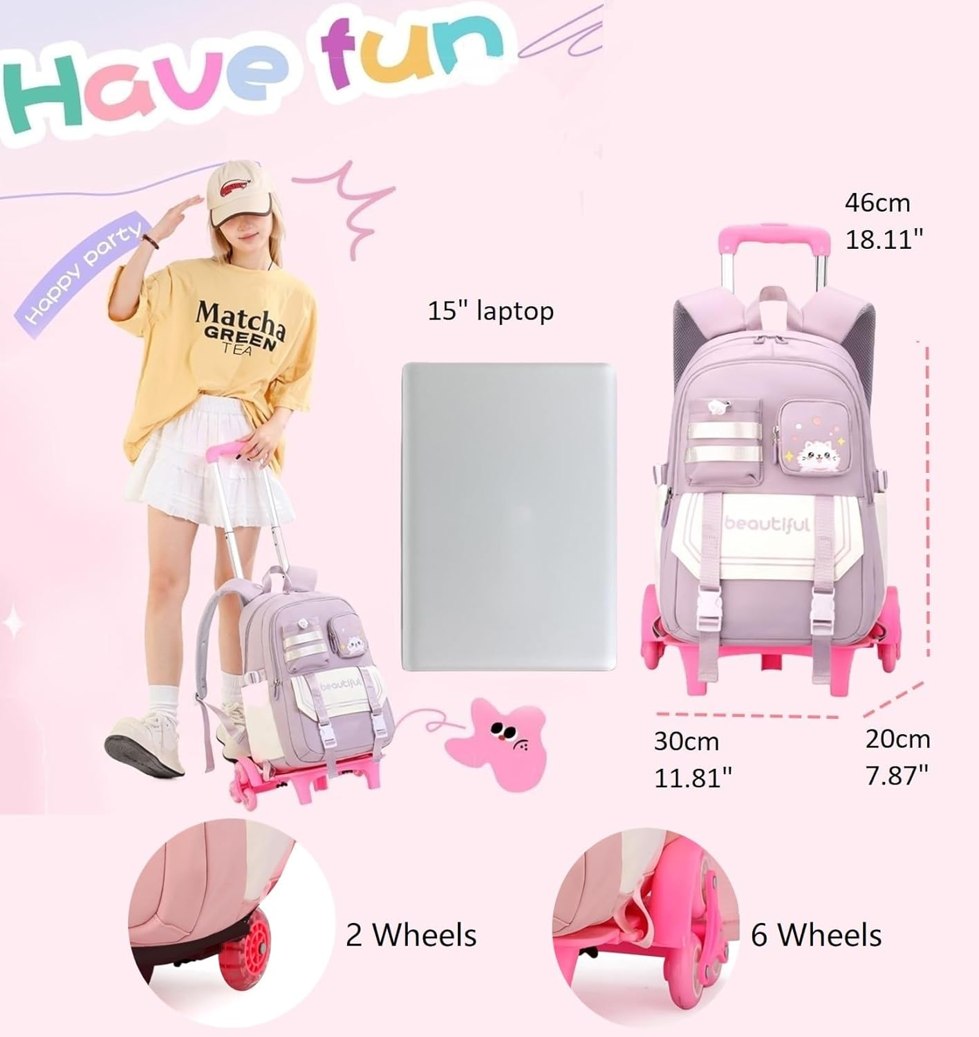 ETAISHOW Cat Print Rolling Backpack for Girls Kids Backpack with Wheels Roller Bookbag Trolley School Bag Wheeled Bag image number 7