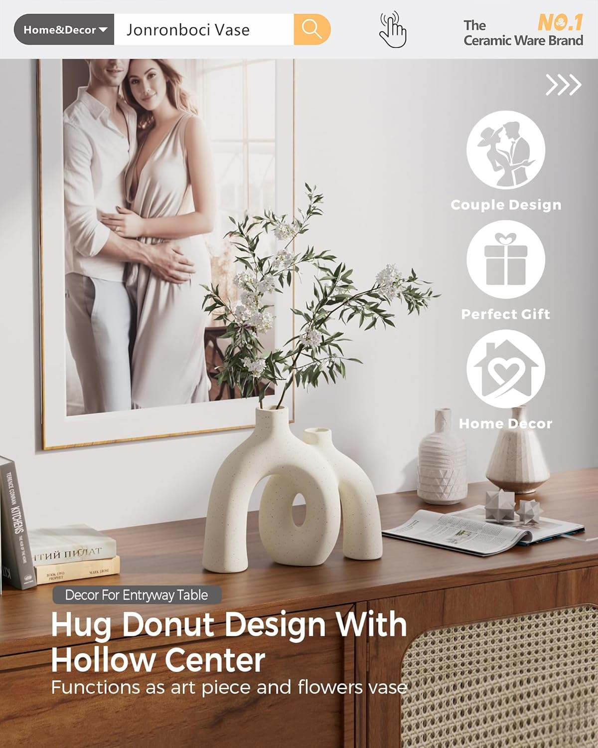 Hug Donut Decorative Vase Set - Modern Nordic Boho Style Vases Home Decor, Matte Ceramic Decorations for Living Room Shelf, Bookshelf Mantle Entryway Table or Console D&eacute;cor (Cream White)