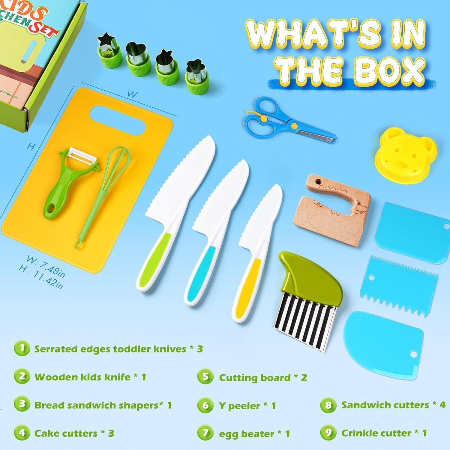 17Pcs Wooden Kids Kitchen Knife, Kids Knife Set with Cutting Board Bear Sandwich Cutter Fruit Vegetable Cutters Serrated Edges Plastic Knifes for Real Cooking Kid Safe Knives image number 4