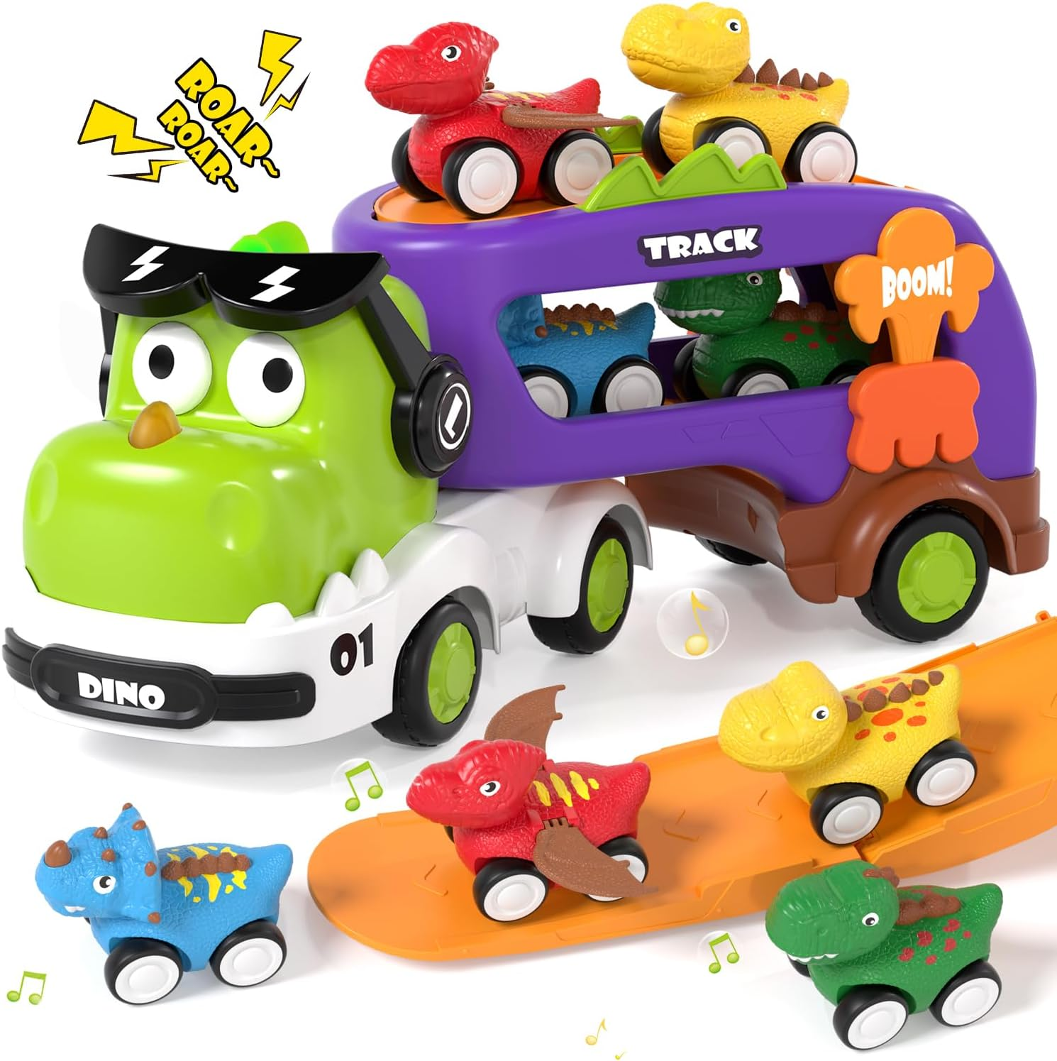 Lehoo Castle Dinosaur Toys for 2 Year Old Boys, 2 Year Old Boy Gifts, Monster Truck Toy Cars, 5 in 1 Friction Power Transport Vehicle Toys with Light and Sound 4 Pull Back Cars image number 1