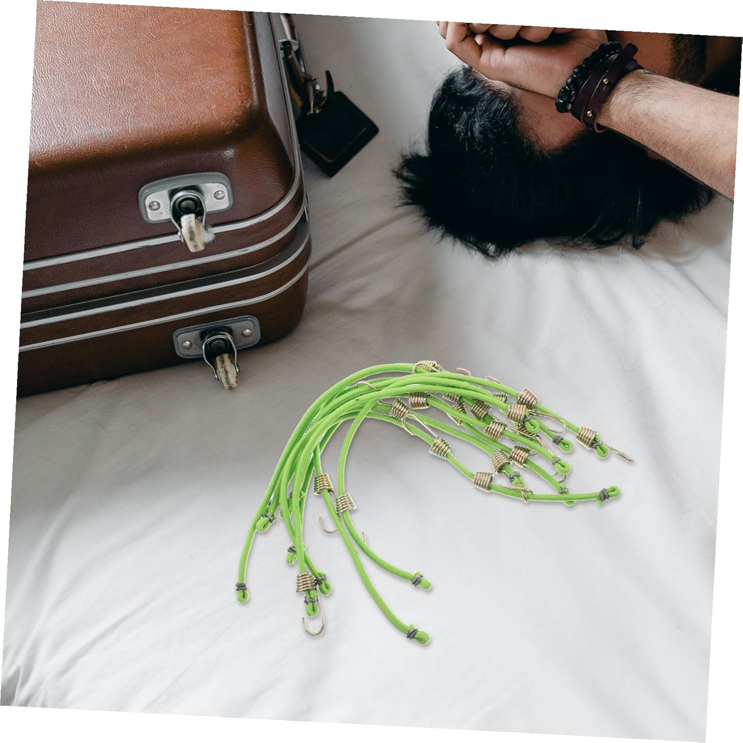 AKOOSY 10Pcs Mini Elastic Luggage Straps with Hooks, Short Stretchy Tie down Fasteners for Travel, Green 25Cm Bungee Cord Set for Suitcases and Camping image number 4