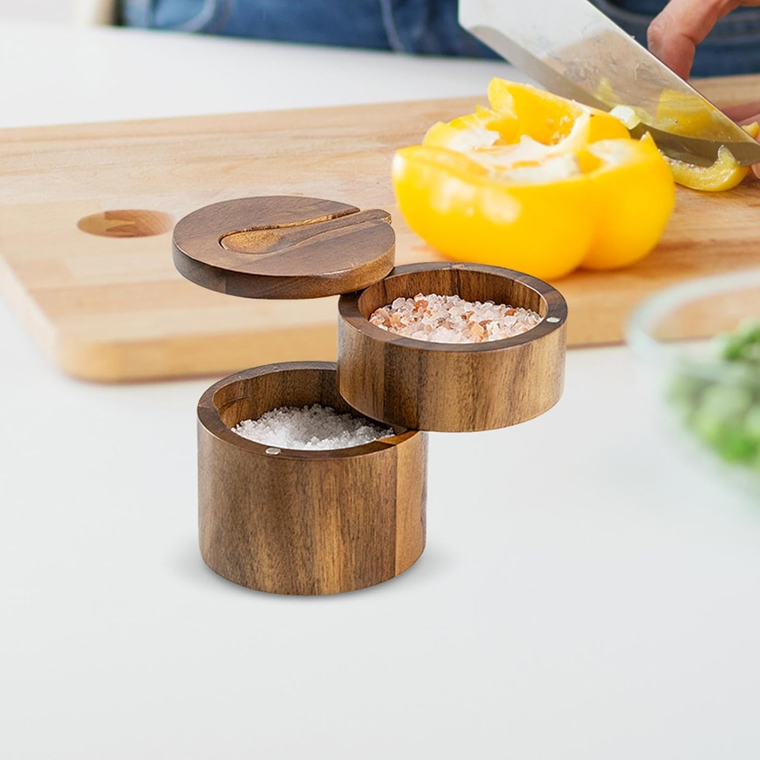 Salt Cellar | Sea Salt Container Box Built-In Spoon | Salt Cellar Bowl, Kitchen Salt Holder, round Salt Keeper for Pepper Seasoning Bath Salt Sea Salt