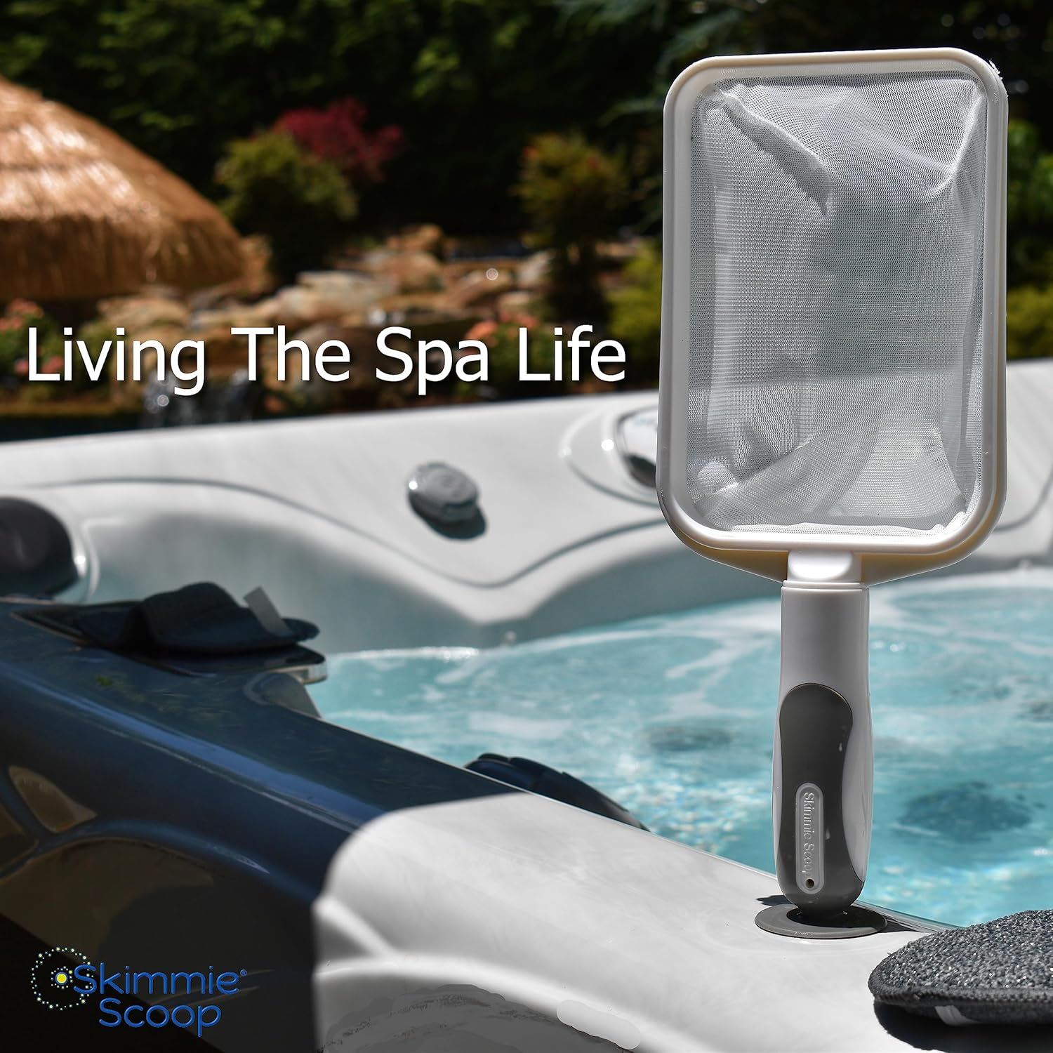 The Skimmie Scoop - Patented Handheld Skimmer with Fine Mesh Net for Spa, Hot Tub, Cold Plunge and Small Pool Cleaning - Lightweight and Durable with Powerful Suction Cup - Clean Out Filter (White)