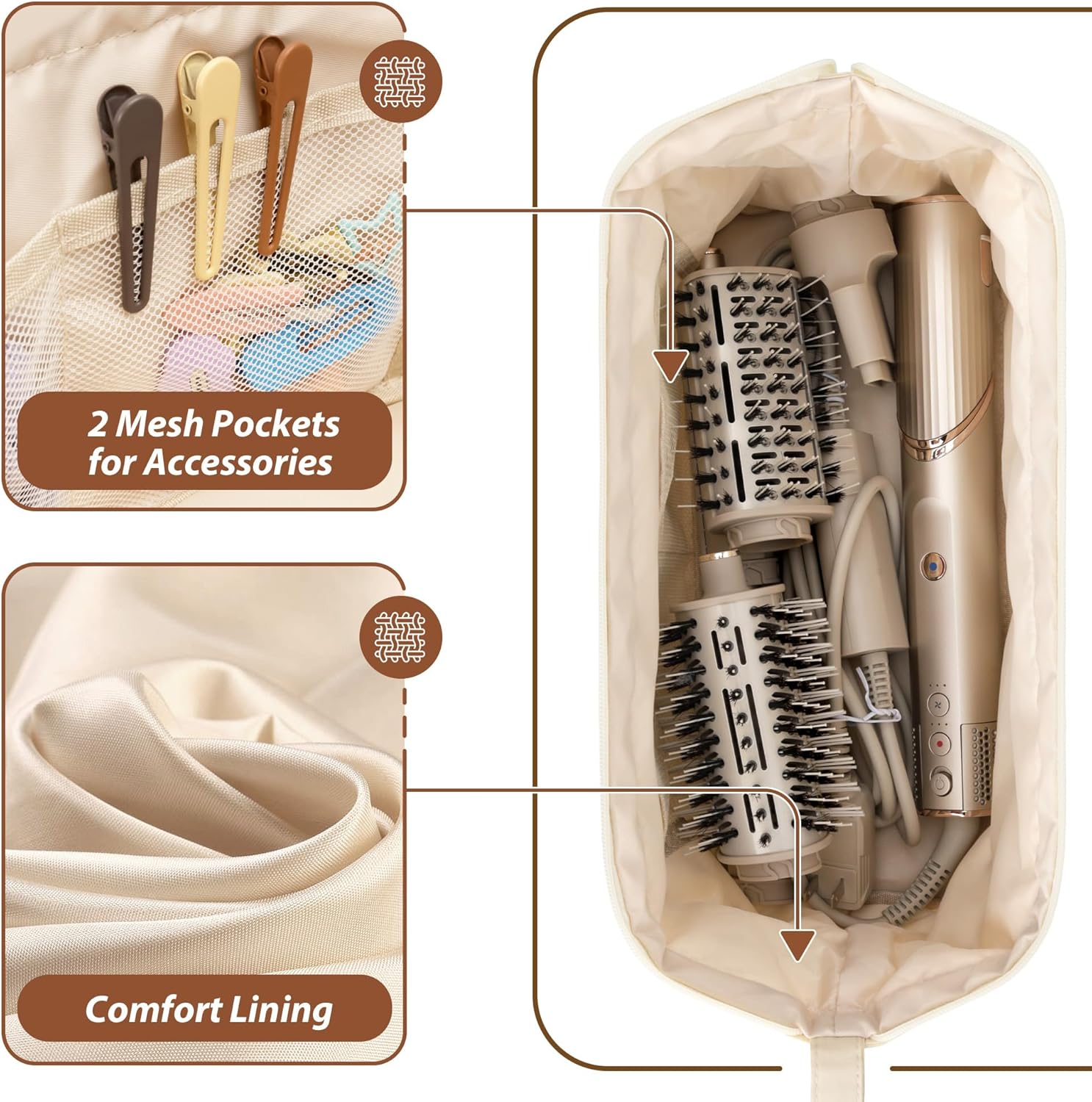 Linpr Shark Flex Style Case, Travel Hair Dryer Bag Compatible with Dyson Airwrap, Quilted Hair Tool Organizer Bag with Bow Pattern, Portable Carrying Case for Flat Curling Iron Accessories (Beige) - Beige image number 3