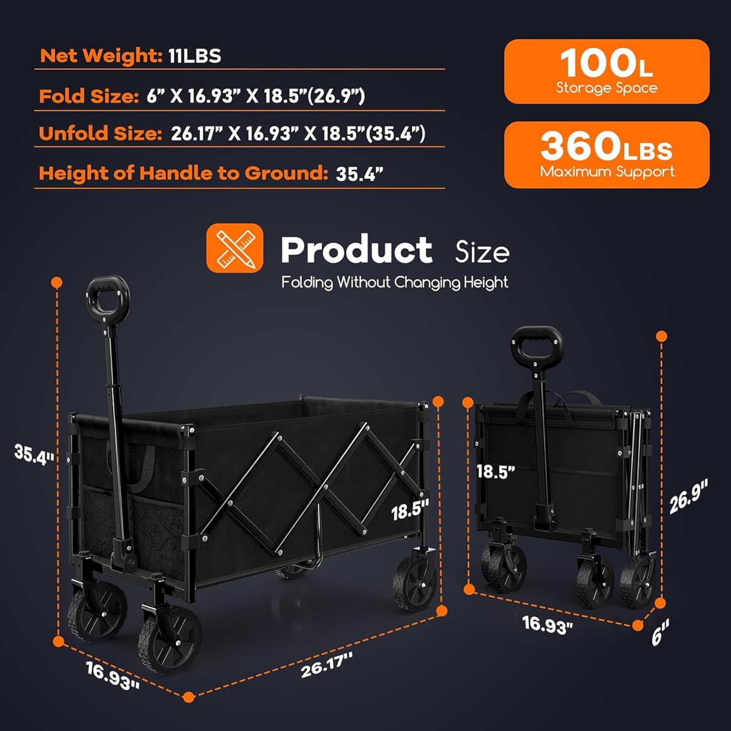 Collapsible Wagon Cart Foldable - Portable Heavy Duty Folding Beach Wagons with Wheels - Outdoor Utility Carts for Groceries, Shopping, Camping, Sports, Garden with Large Capacity (Black) image number 5