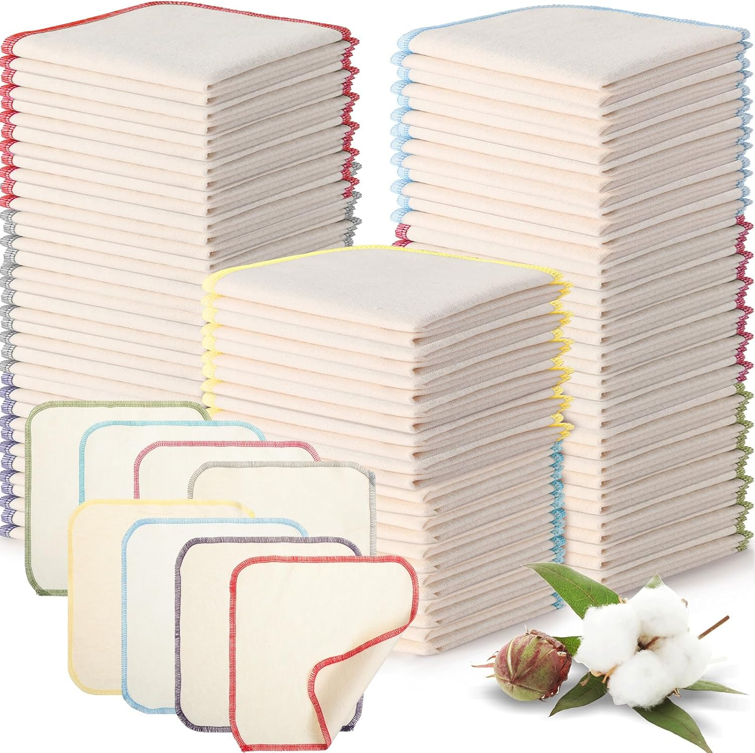 Mixweer 96 Pcs Flannel Cloth Diapers - Reusable, Washable, Natural Unbleached Baby Face Wipes - Soft & Sturdy - 8 Colors, Outer Stitching - 8 X 8 Inches image number 1