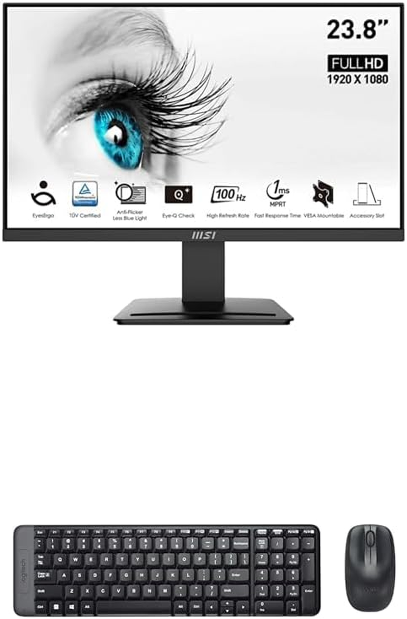 MSI PRO MP2412 23.8" Eye Care Ergonomic Business Computer Monitor, FHD 1920X1080, VA, Frameless Logitech Wireless Combo MK220 Bundle