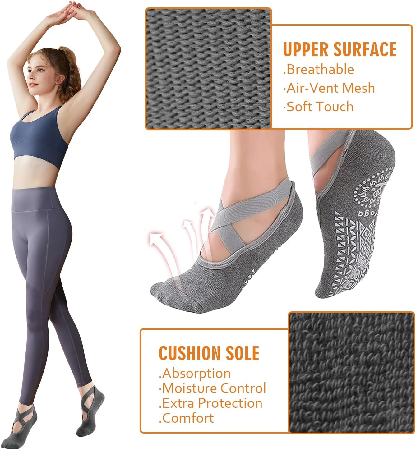 2/6 Pairs Cushion Pad Yoga Socks|Pilates Socks|Non Slip Grip Socks|Fitness Sport Sock Grippy Socks Reformer Pilates Socks for Women Pilates Ballet Barre Socks Barefoot Workout Socks by H HOME-MART image number 3