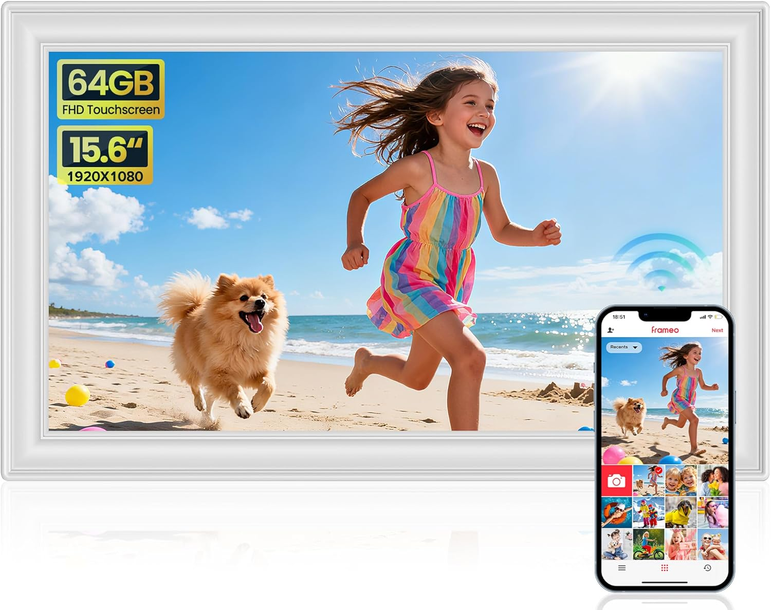 64GB 15.6 Inch Frameo Digital Picture Frame White, Large Electronic Photo Frames Wifi 1920 X 1080 IPS FHD Touch Screen, Send Photos from Your Phone from Anywhere, Best Gifts for Family and Friends image number 5