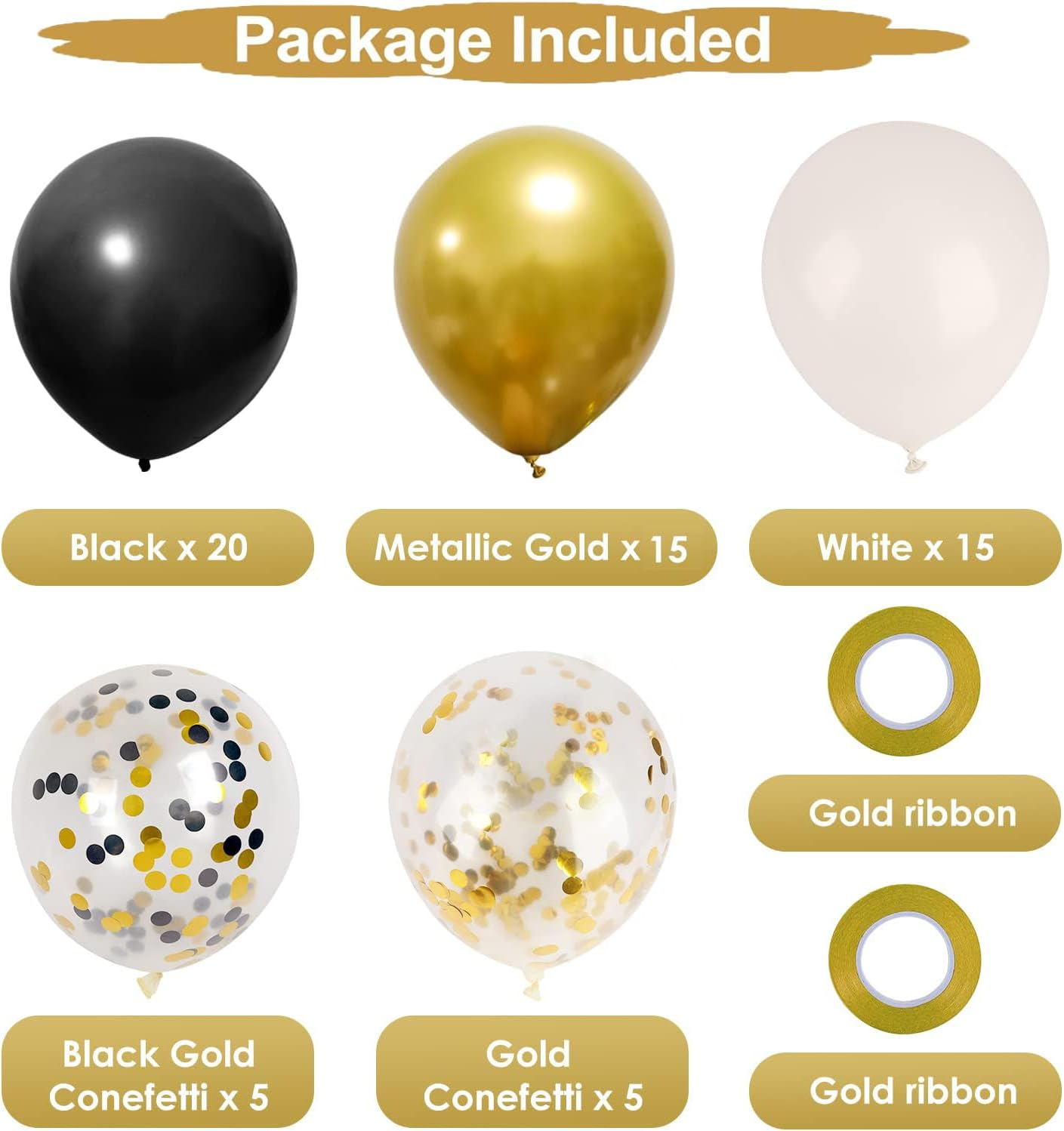 62Pcs Black Gold Balloon Kit,12Inch Black Gold White Party Balloon Set with Metallic Gold Black Confetti Balloon for Birthday Party,Graduation,Wedding,Baby Shower,New Year Decoration,Eid Mubarak Decor