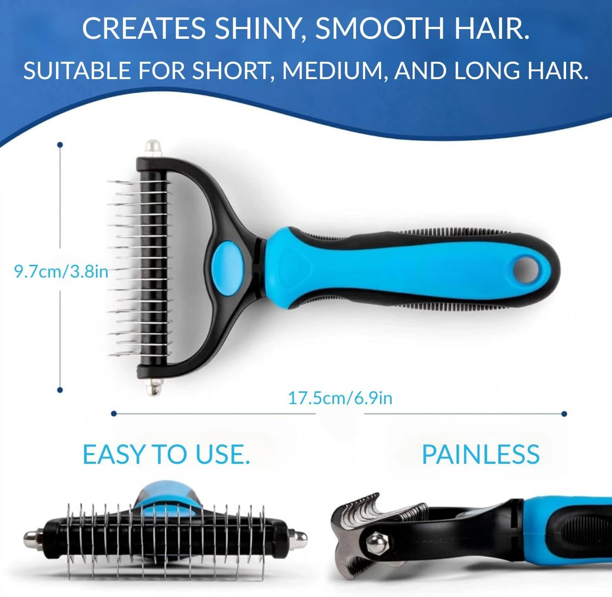 Original Pet Grooming Rake - Double-Sided Deshedding Dematting Tool, Undercoat Rake for Dogs & Cats, Extra-Wide Dog Grooming Brush & Deshedder Comb for Long Hair, Reduces Shedding 95%-Blue image number 3