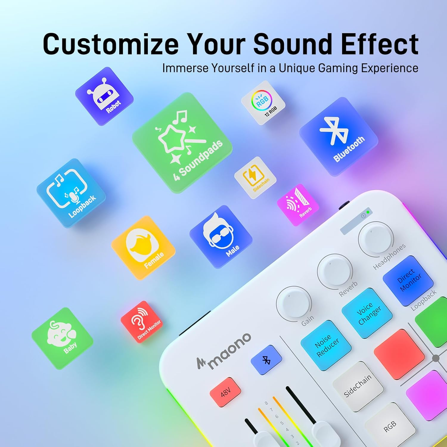 MAONO Gaming Audio Mixer, Audio Interface with Pro-Preamp, RGB, Bluetooth, 48V Phantom Power for Live Streaming, Podcasting, Content Create, Gaming Maonocaster G1 NEO (White) image number 1