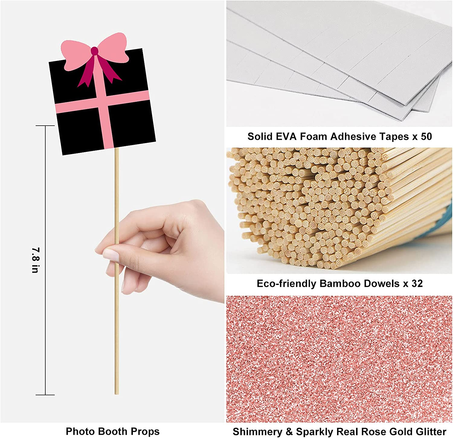 Birthday Photo Booth Props Kit - Happy Birthday Party Favors Supplies Bday Party Decoration Set with Real Glitter Cute Bday Designs for Women - Easy to Assemble 30 Pieces (Rose Gold) image number 2