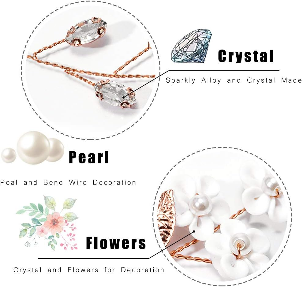Jakawin Bride Flower Wedding Hair Vine Crystal Hair Piece Pearl Bridal Headpiece Leaf Hair Accessories for Women and Girls HV103 (Rose Gold) image number 2