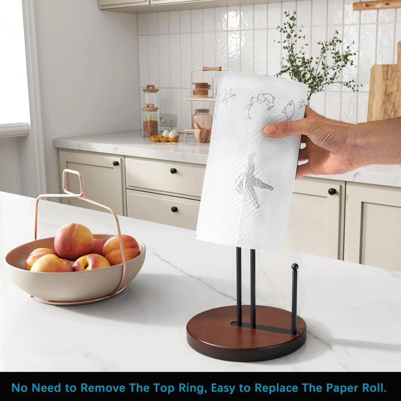 Paper Towel Holder Countertop, Farmhouse Paper Towel Holder with Heavy Duty Wood Base, Wood Paper Towel Holder Rustic Style Stand for Kitchen Decor, Home, Brown