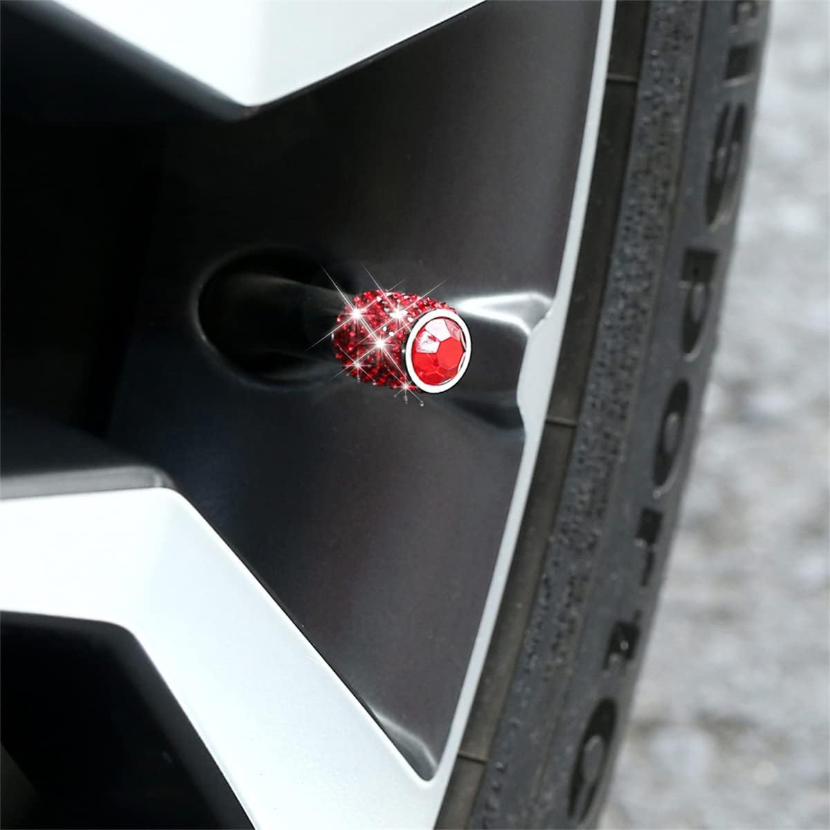 Zipelo Bling Valve Stem Caps, 4 Pack Crystal Rhinestone Car Tire Valve Covers, Dustproof Stem Cap for Auto Wheel, Sparkling Tire Air Valves Cover, Universal for Most Vehicles (Red) - Black image number 5