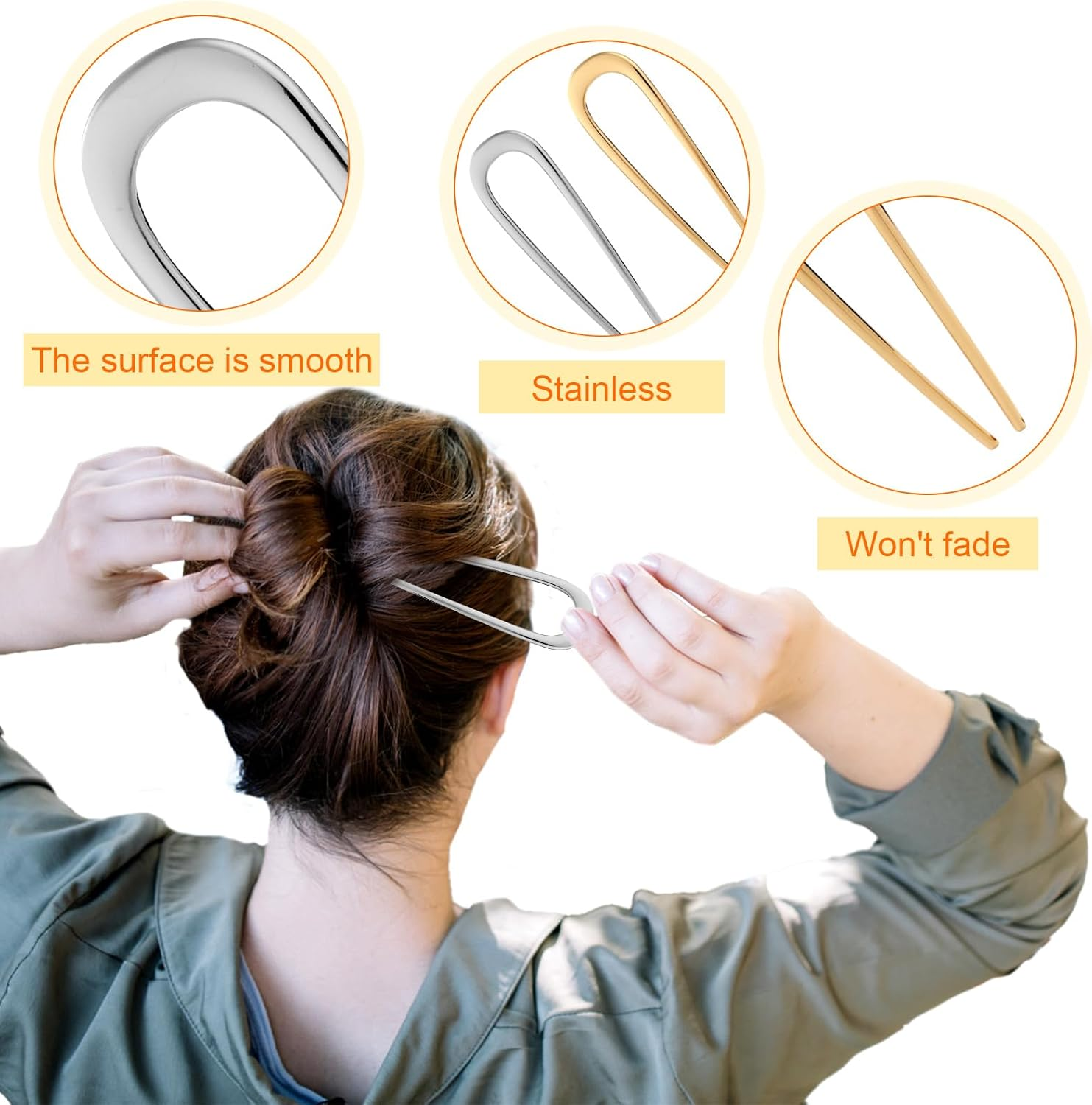 Pack of 2 French Metal Hair Pins for Thick Hair, U Shaped Hair Pins Hair Sticks Hair Forks for All Hair Types of Women and Girls Styling Hair Styling Aid Accessories Gold & Silver image number 1