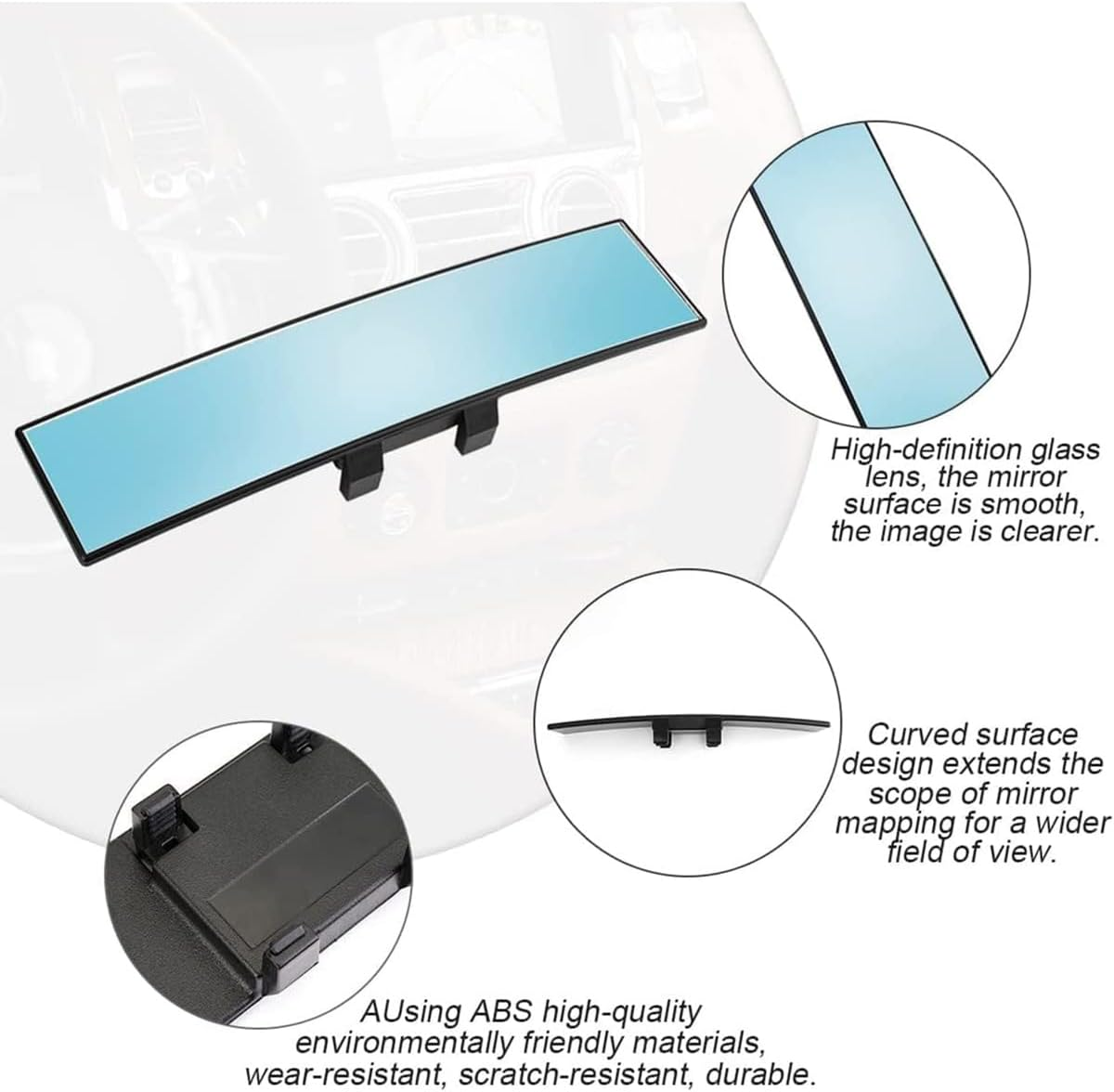 AIMALL Wide Angle Blue Tinted Rearview Mirror - 11.81X2.83 Inch Anti-Glare Curved Mirror, ABS Frame Universal Car Interior Mirror for Enhanced Visibility & Safety image number 6