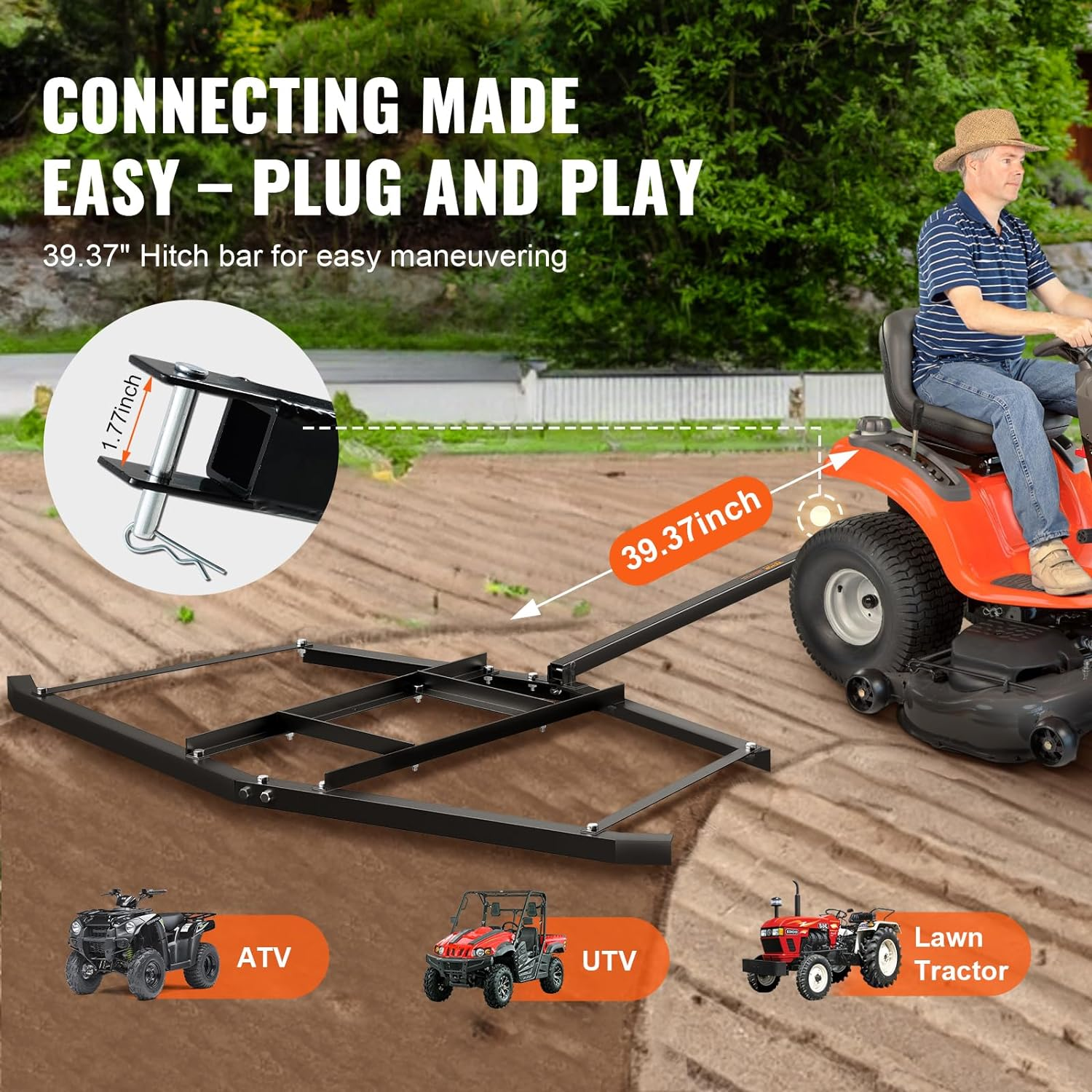 VEVOR Driveway Drag, 76.57" Width Tow behind Drag Harrow, Q235 Steel Driveway Grader with Adjustable Bars, Support up to 50 Lbs, Driveway Tractor Harrow for Atvs, Utvs, Garden Lawn Tractors image number 6