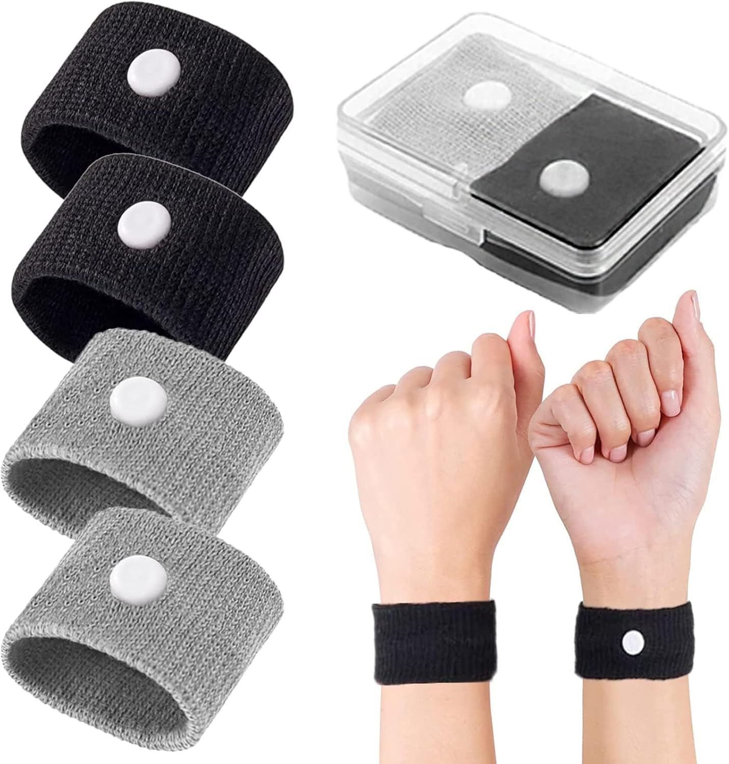 2 Pairs Motion Sickness Bands, anti Nausea Wristbands, Travel Sickness Relief Bands for Pregnancy Children Adults Sea Car Morning Sickness (Black+Grey) image number 2