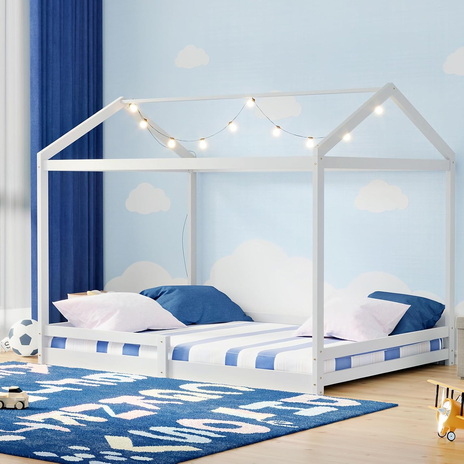 Oikiture Kids Wooden Bed Frame, Single Bed Frame with Pine Wood Timber Platform Bed Slat Support for Toddler, White