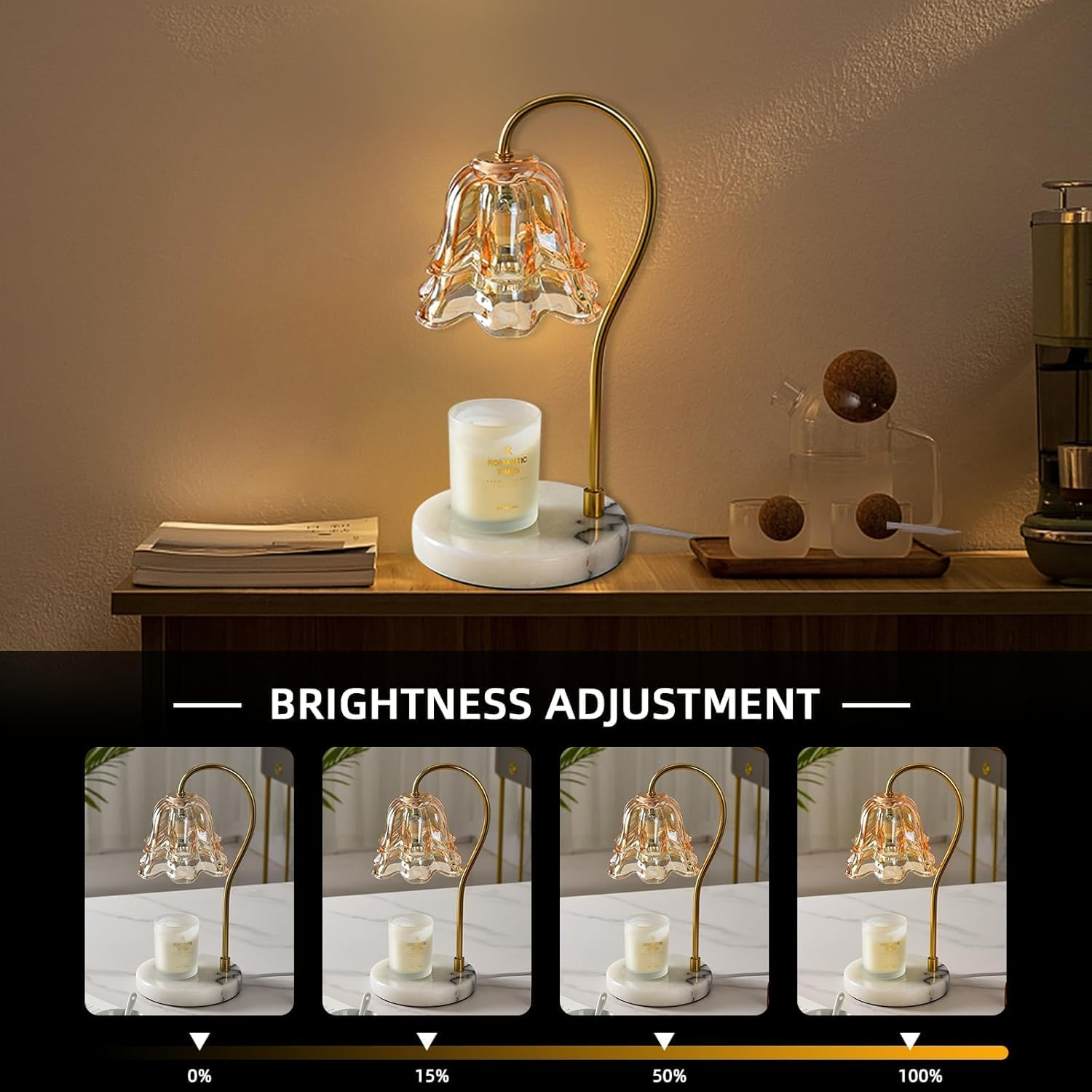 Candle Warmer Lamp, Flower Glass Candle Warmer Light, Dimmable Table Lamp, Vintage Candle Lamp with Marble Base, for Women, Mom, Female Friend, Romantic Vintage Style Gifts (Amber) - Amber image number 1
