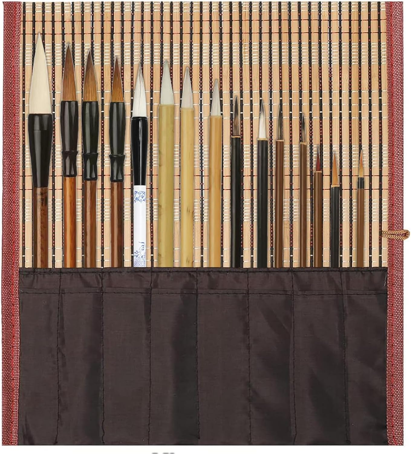 15 Piece Chinese Calligraphy Brush Set with Roll-Up Bamboo Holder, Professional Sumi Brushes Different Sizes Writing Brush for Watercolor Ink Painting Drawing Art Supplies (Burlywood) image number 3