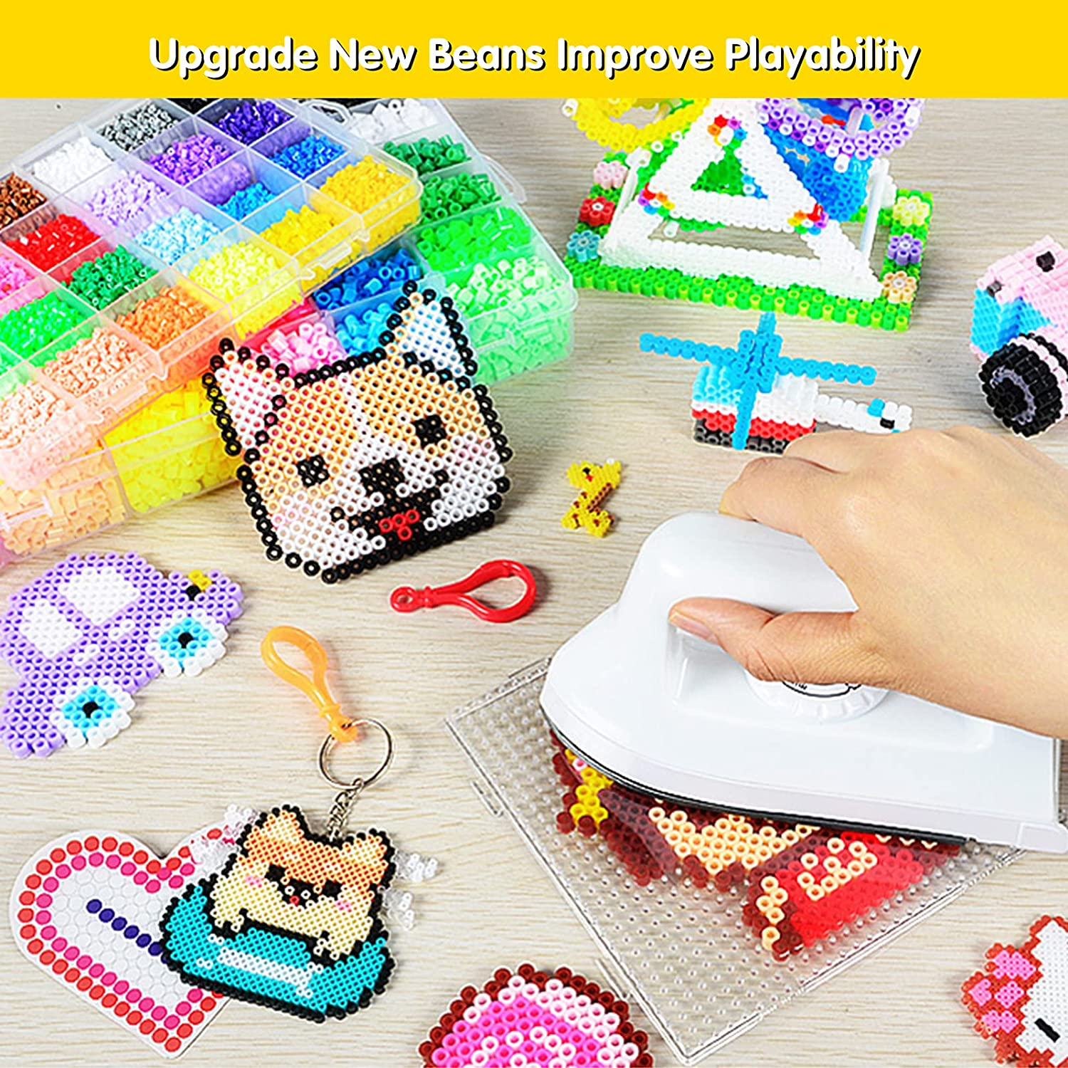 12800Pcs 48 Colors Fuse Beads Craft Kit, YEESON Melty Fusion Colored Beads Arts and Crafts Pearler Set for Kids Including Pegboards, Tweezers, Ironing Paper, Travel Case image number 5