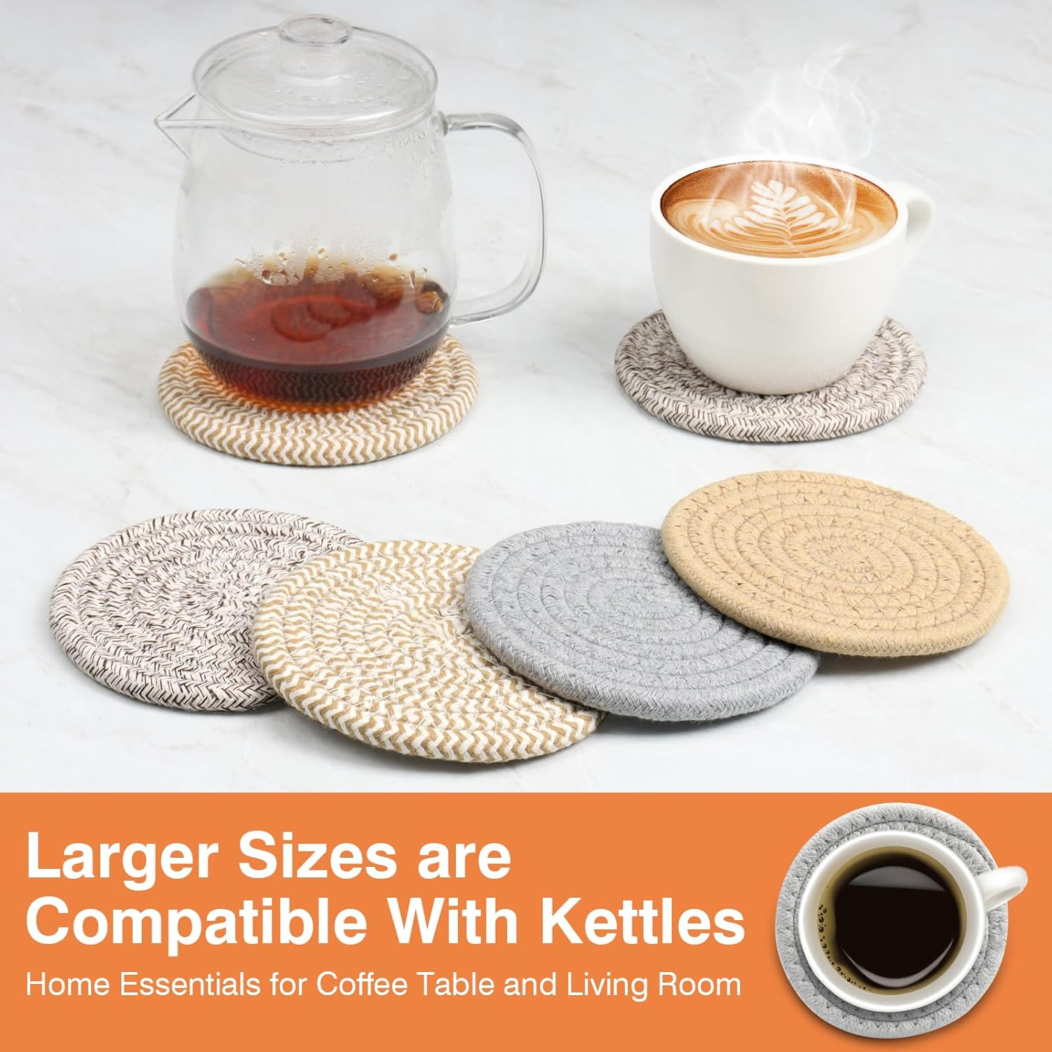 4.8" Cotton Drink Coasters Set of 2&ndash; Absorbent Fabric Mug Pads for Coffee, Tea & Drinks, Minimalist Desk & Nightstand Cup Mats, Durable Neutral Drink Coasters for Home, Office or Gift Use (Cloud Grey) image number 2