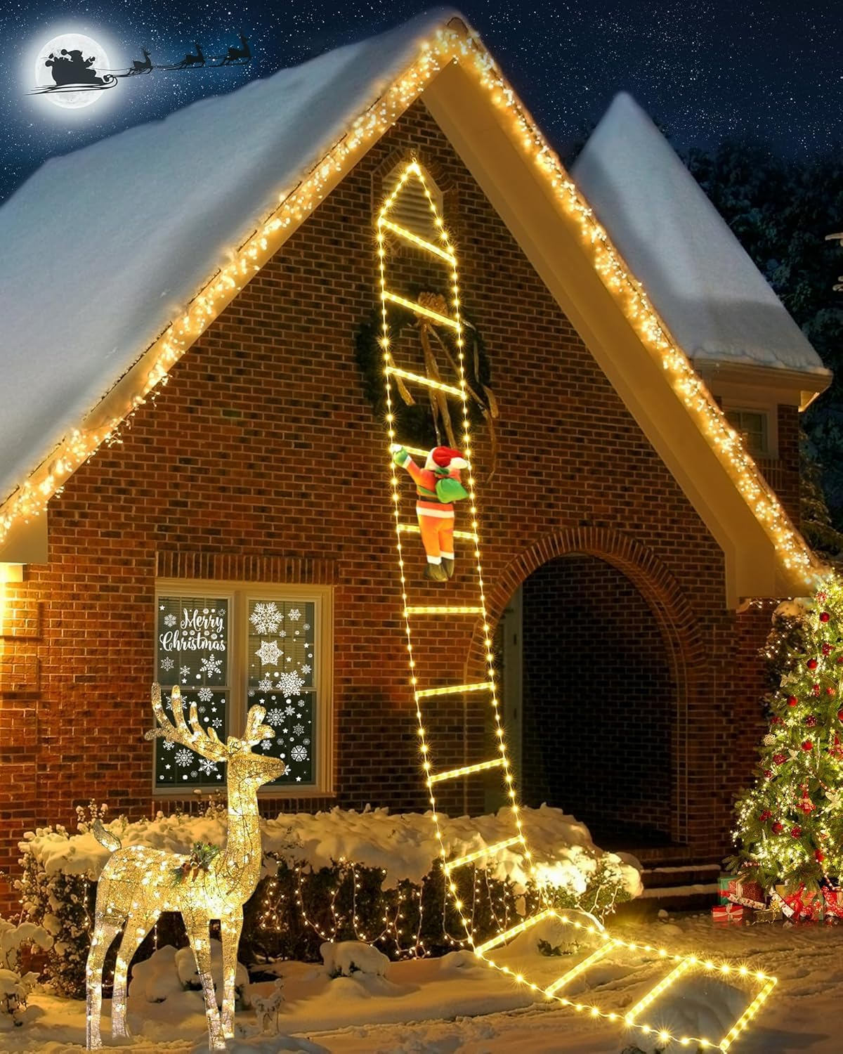 Christmas Decorations LED Ladder Lights with Climbing Santa Claus, 10Ft Outdoor Christmas Decorative Lights - 8 Modes Xmas Lightst Tree for Home Holiday Wall Window Xmas Decor (Warm White)