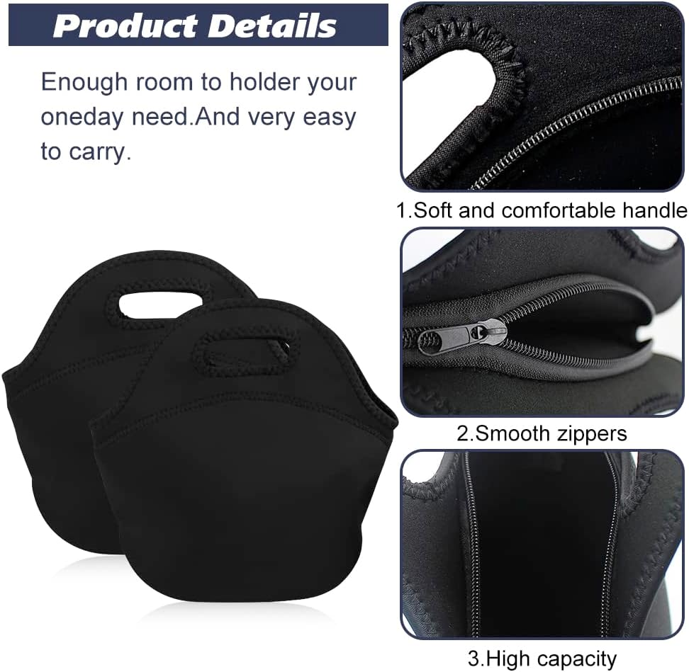 2 Pcs Black Neoprene Lunch Bag, Lunch Bags for Women, for Girl Boy Teens, Insulated Lunch Bag, Thermal, Reusable and Foldable Lunch Bag with Zipper for Adult Nurse School Work Travel Picnic (Black) image number 4