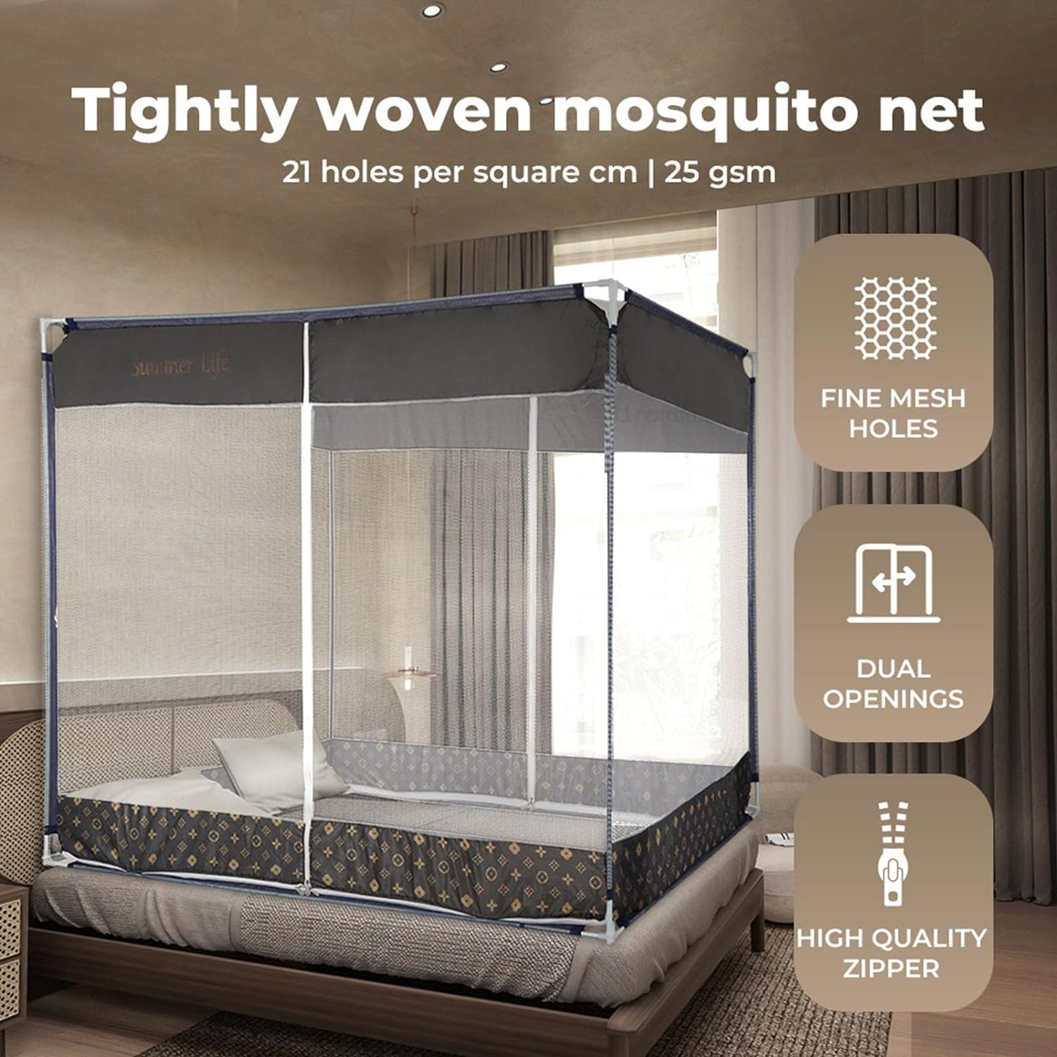 Dreamz Mosquito Net Bed Canopy-Foldable, 360&deg; Insect Protection, Dual-Sided Entry with Three-Way Zipper for Camping Home Use(Queen, Grey) image number 4