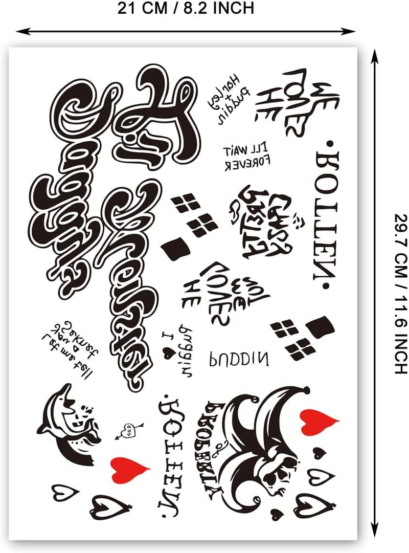 6 Sheets PADOUN HQ & Joker Temporary Tattoo Stickers, Fake Joker Temporary Tattoo Stickers and Suicide Squad Harley Quinn Tattoos Full Body Bundle for Costume Cosplay Party Accessory image number 1