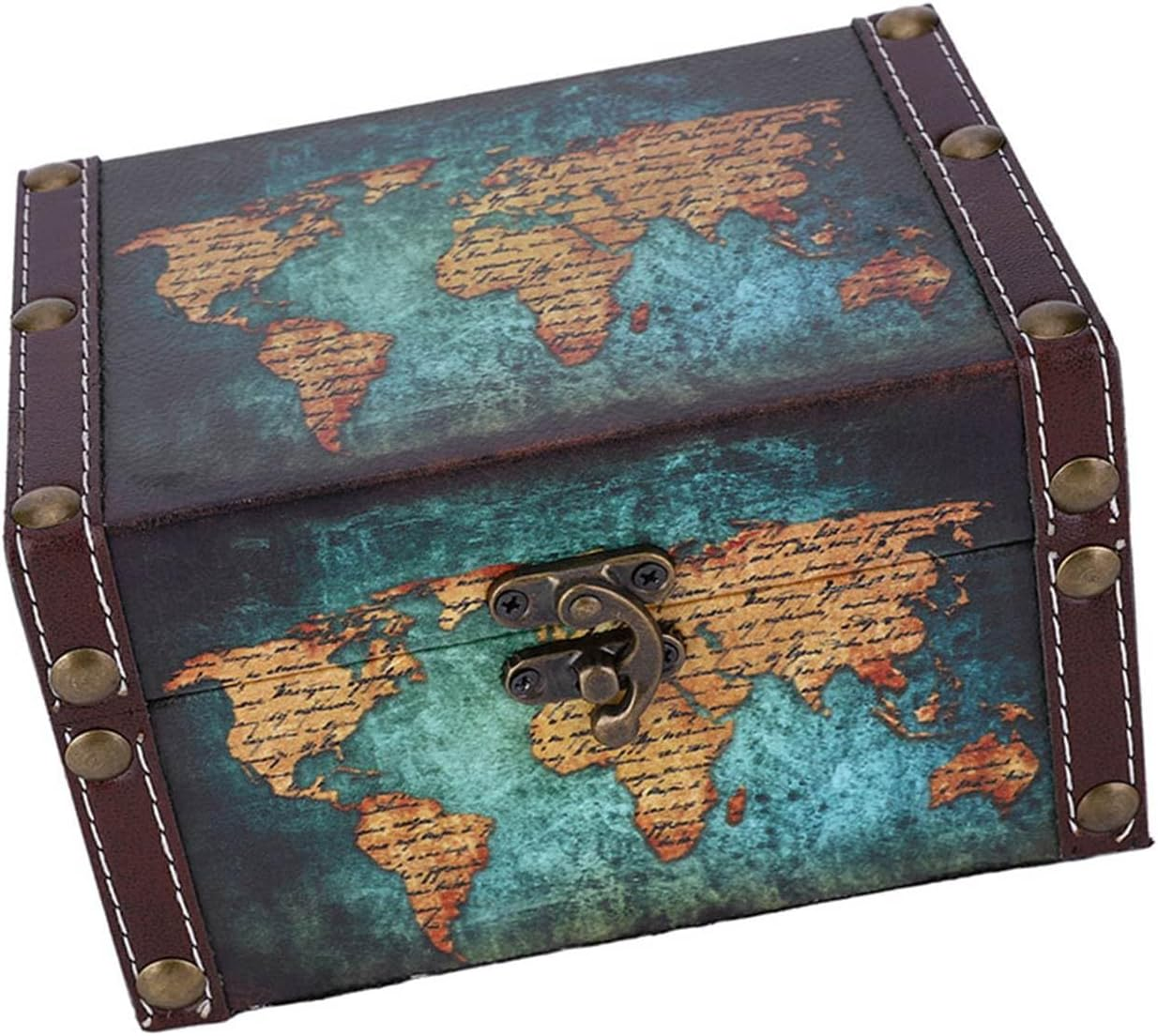 Wooden Storage Box European Style Vintage Jewelry Organizer for Home Office Decor Green Map Pattern image number 1