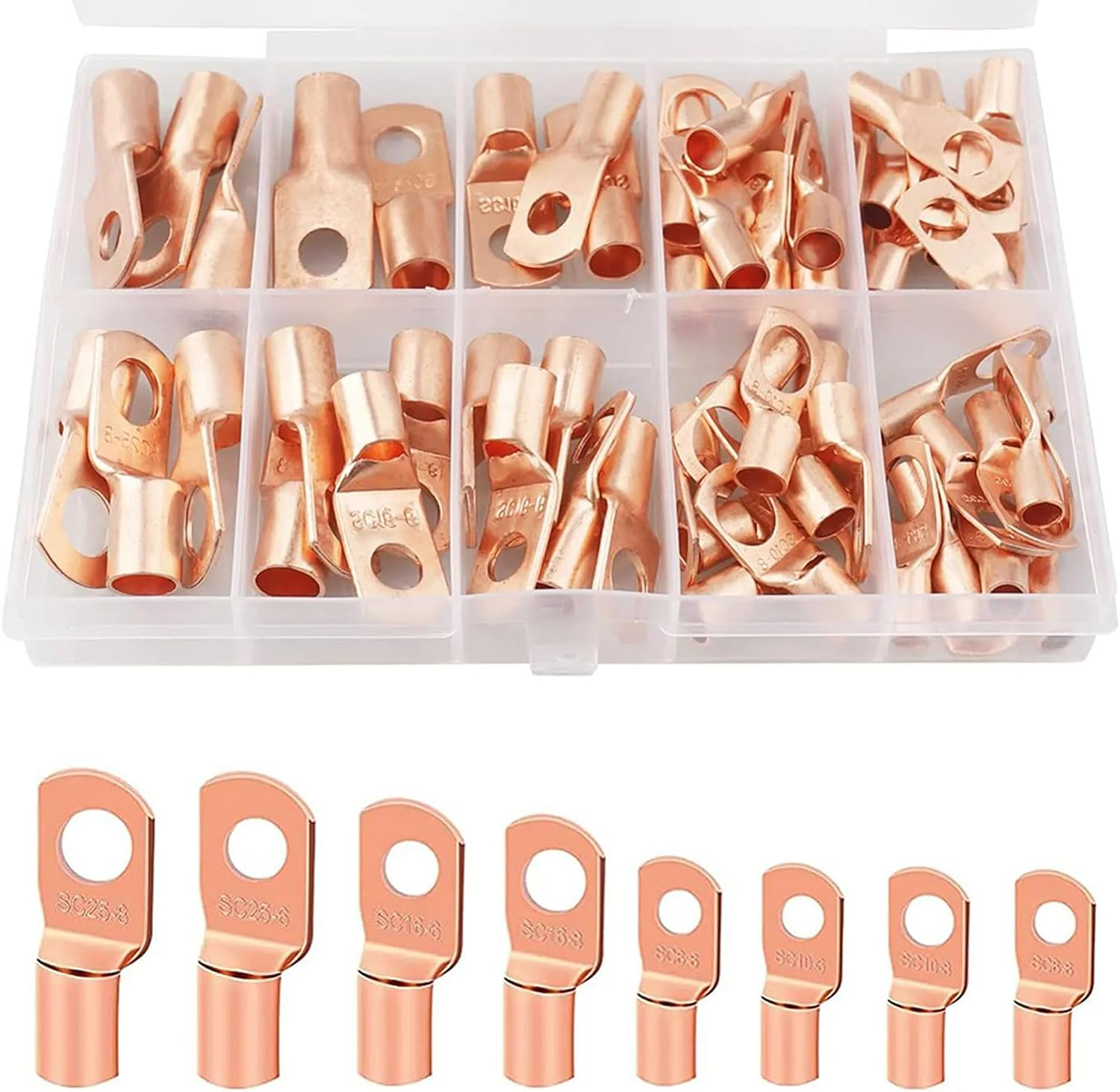 60PCS Copper Wire Lugs Tinned Battery Cable Lug Crimp SC Terminals Awg4/6/8/10/12;6/8Mm Ring Teminals;6/10/16/25Mm&sup2; Wire Connectors Crimp Terminal Assortment Kit image number 1